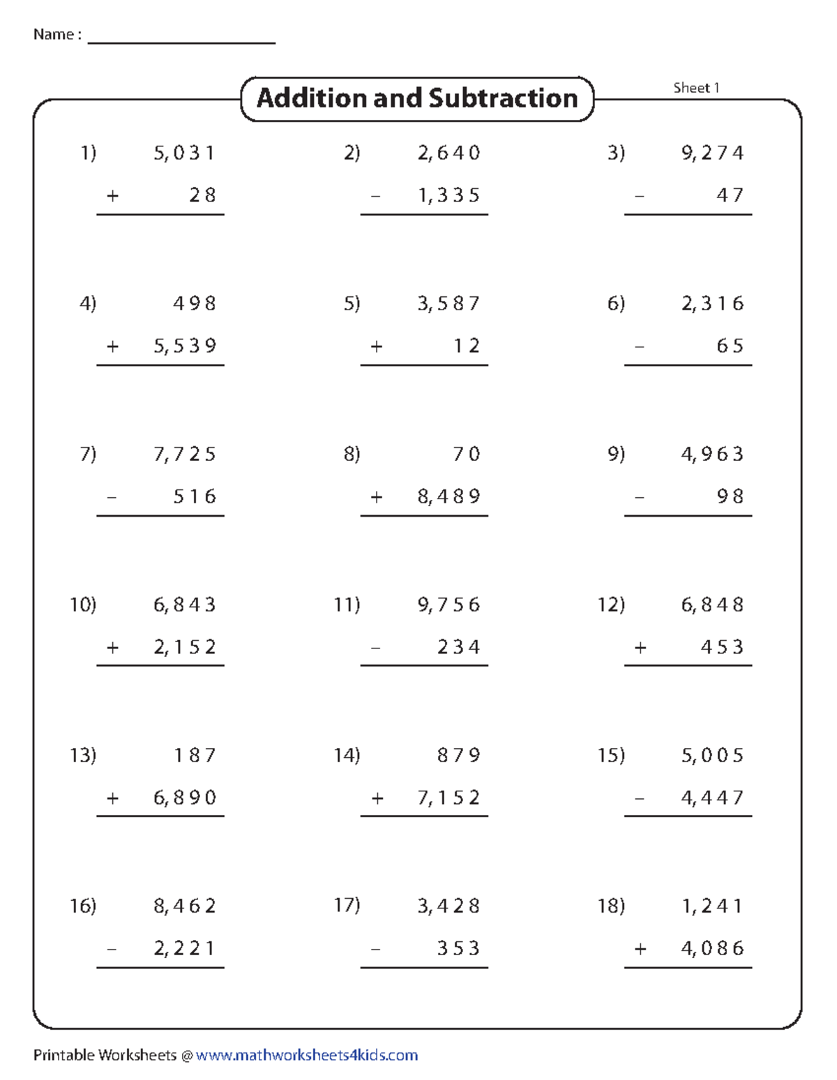 4 digit standard 1 - math - Addition and Subtraction Sheet 1 Name ...