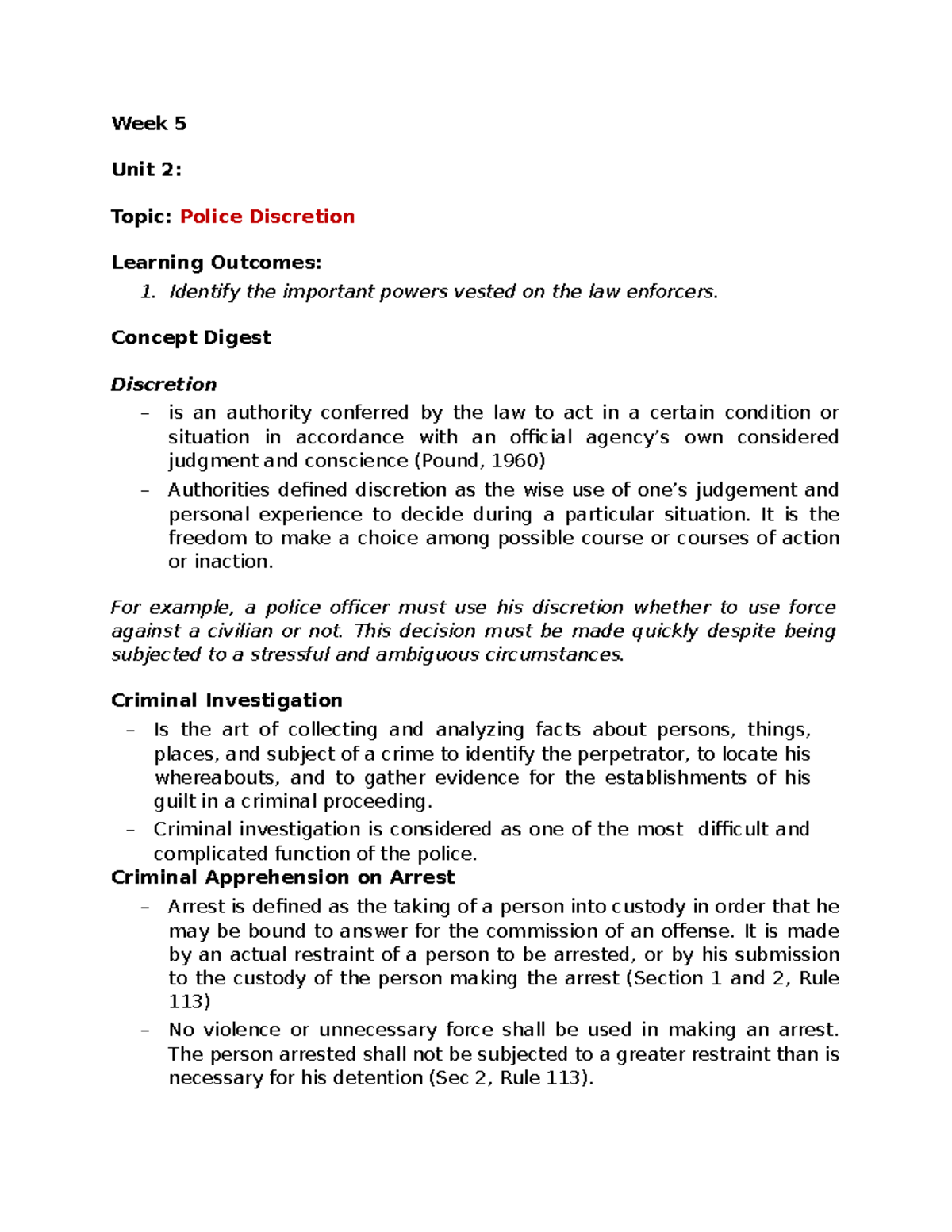 Police Discretion - Week 5 Unit 2: Topic: Police Discretion Learning ...