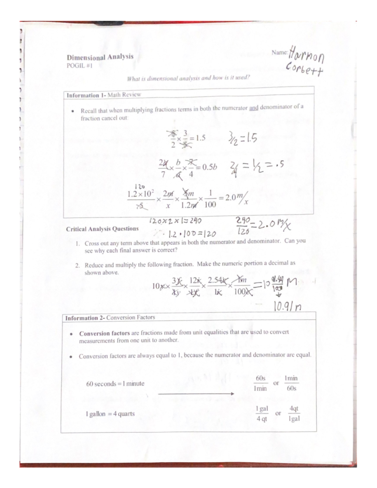 Wk 1 Pogil A packet testing your knowledge on dimensional analysis