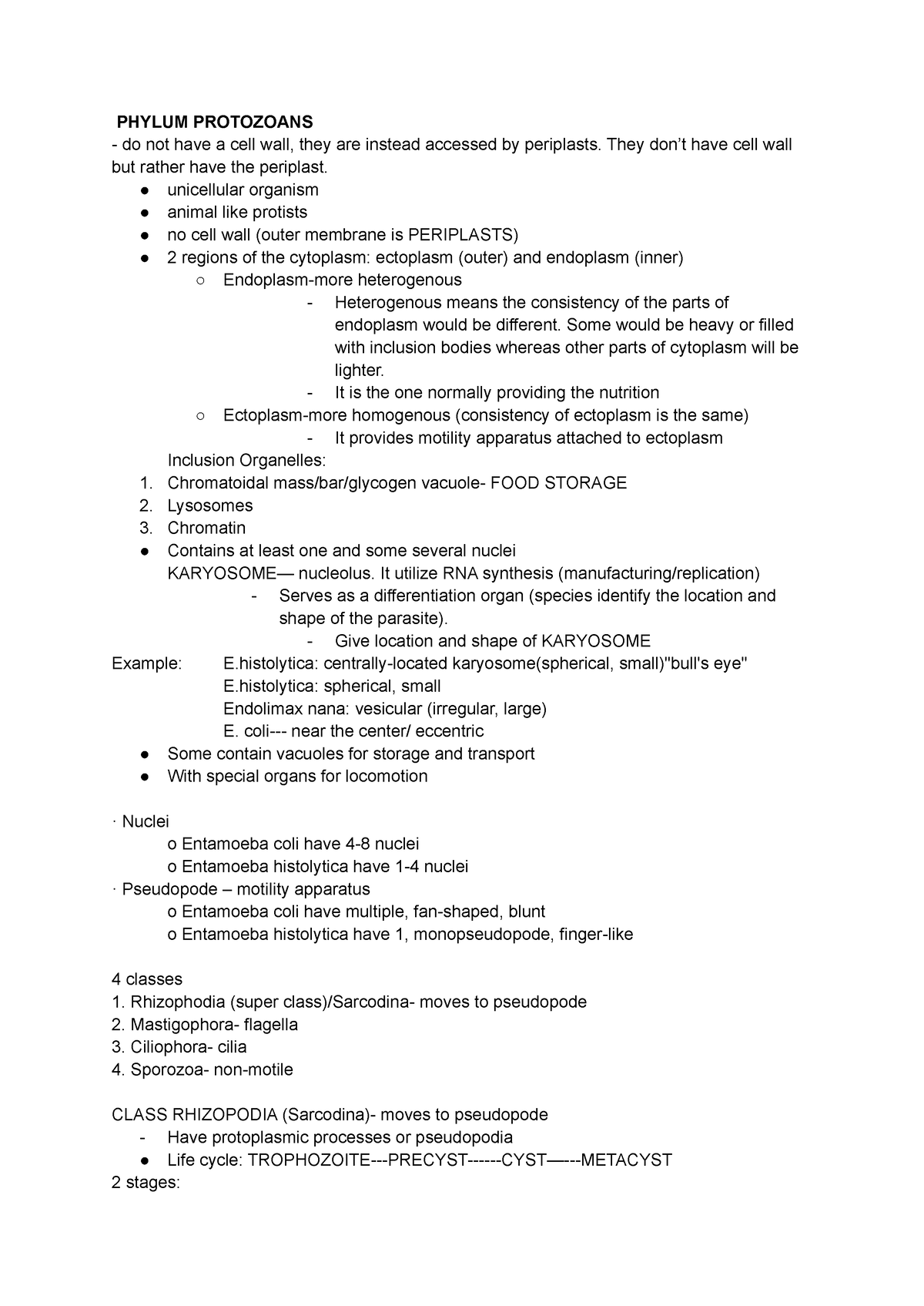 PARA Plain Notes - Gives summary of the parasites - PHYLUM PROTOZOANS ...