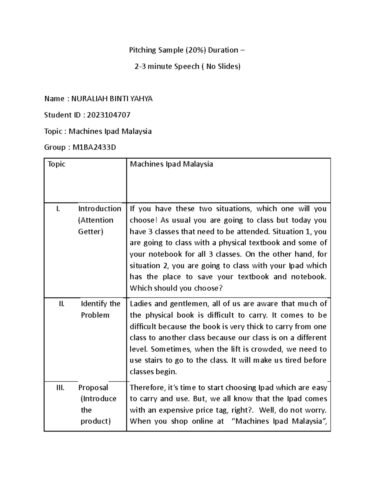 Pitching ELC590 Pitching Sample (20) Duration 23 minute Speech ( No Slides) Name