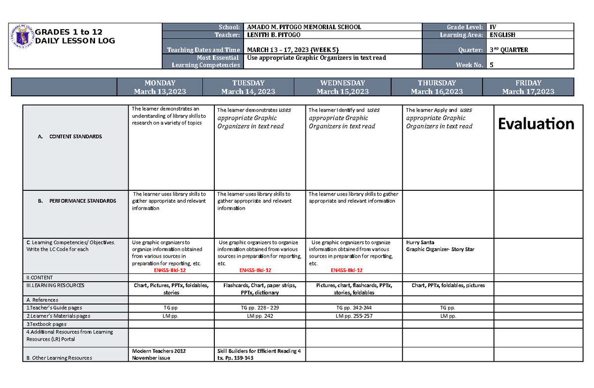 DLL English 4 Q3 W5-edited - GRADES 1 to 12 DAILY LESSON LOG School ...
