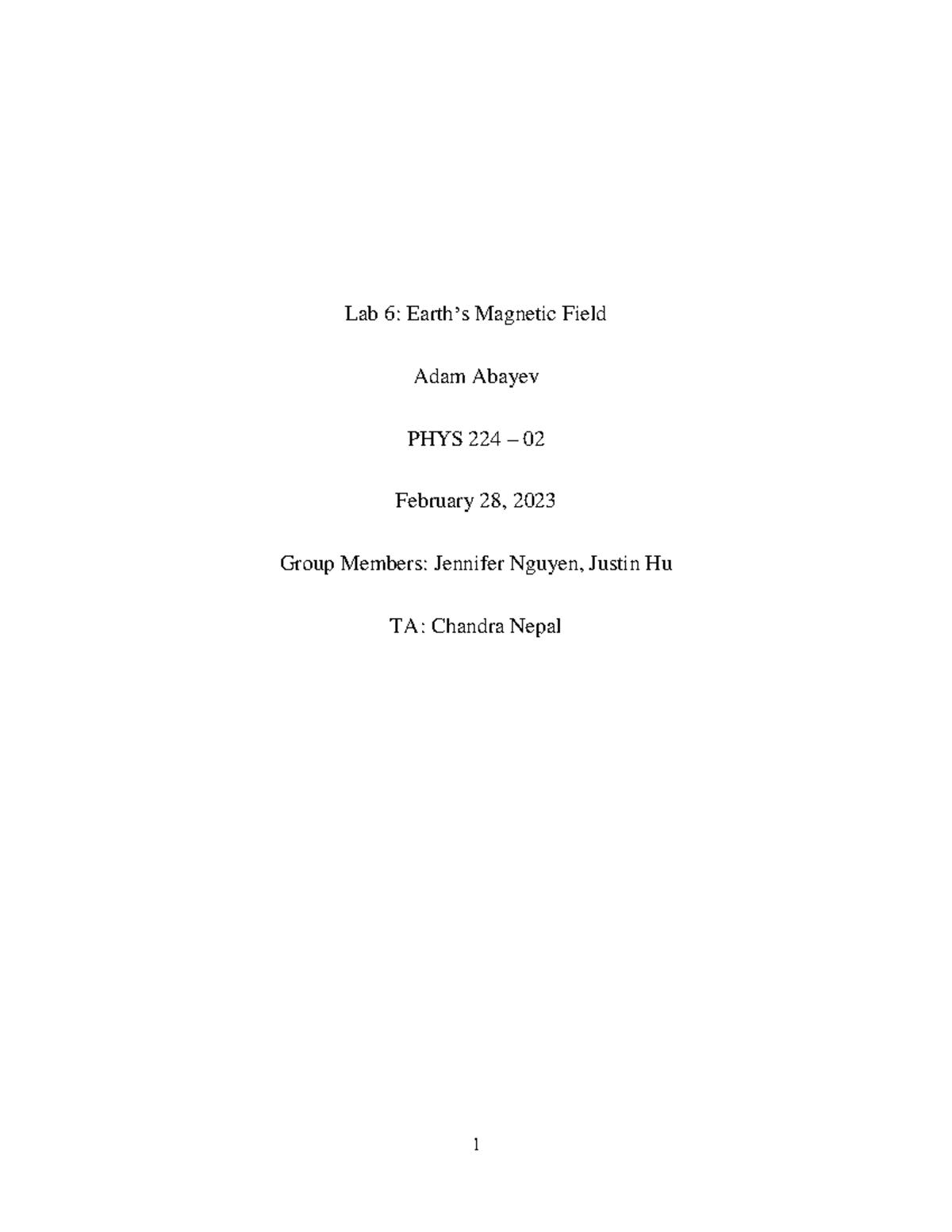 PHYS 224 Lab 6 Report Earth's Field Lab 6 Earth’s