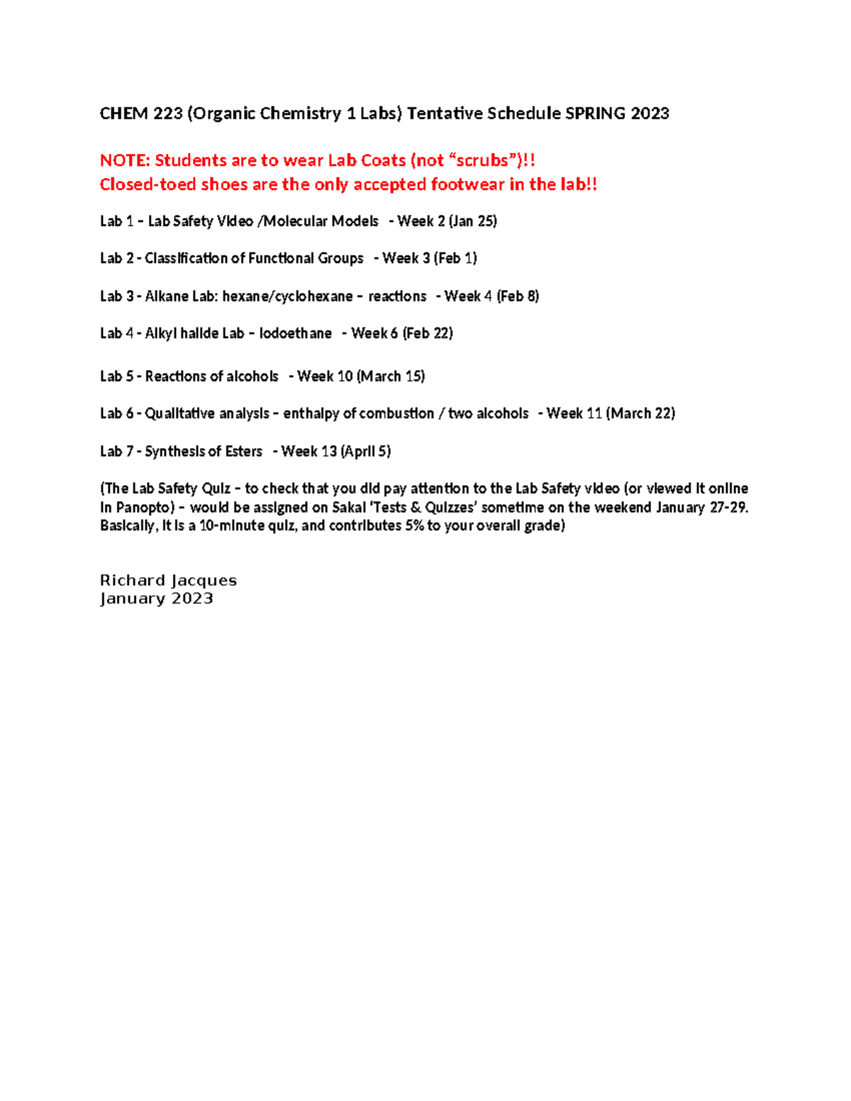 Tentative Lab Schedule Spring 2023 - CHEM 223 (Organic Chemistry 1 Labs ...