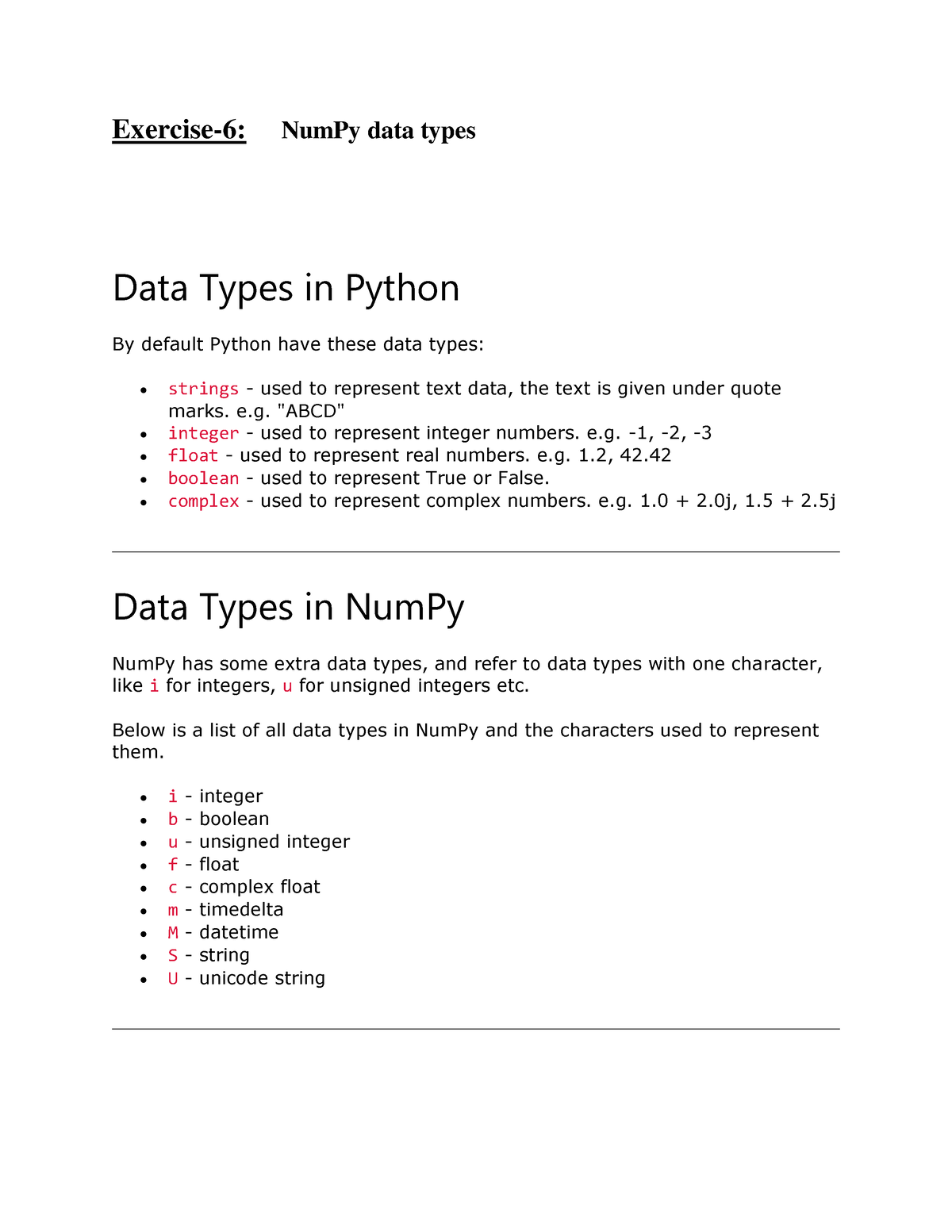 Num Py-Exercise-6 - Exercise-6: NumPy Data Types Data Types In Python ...