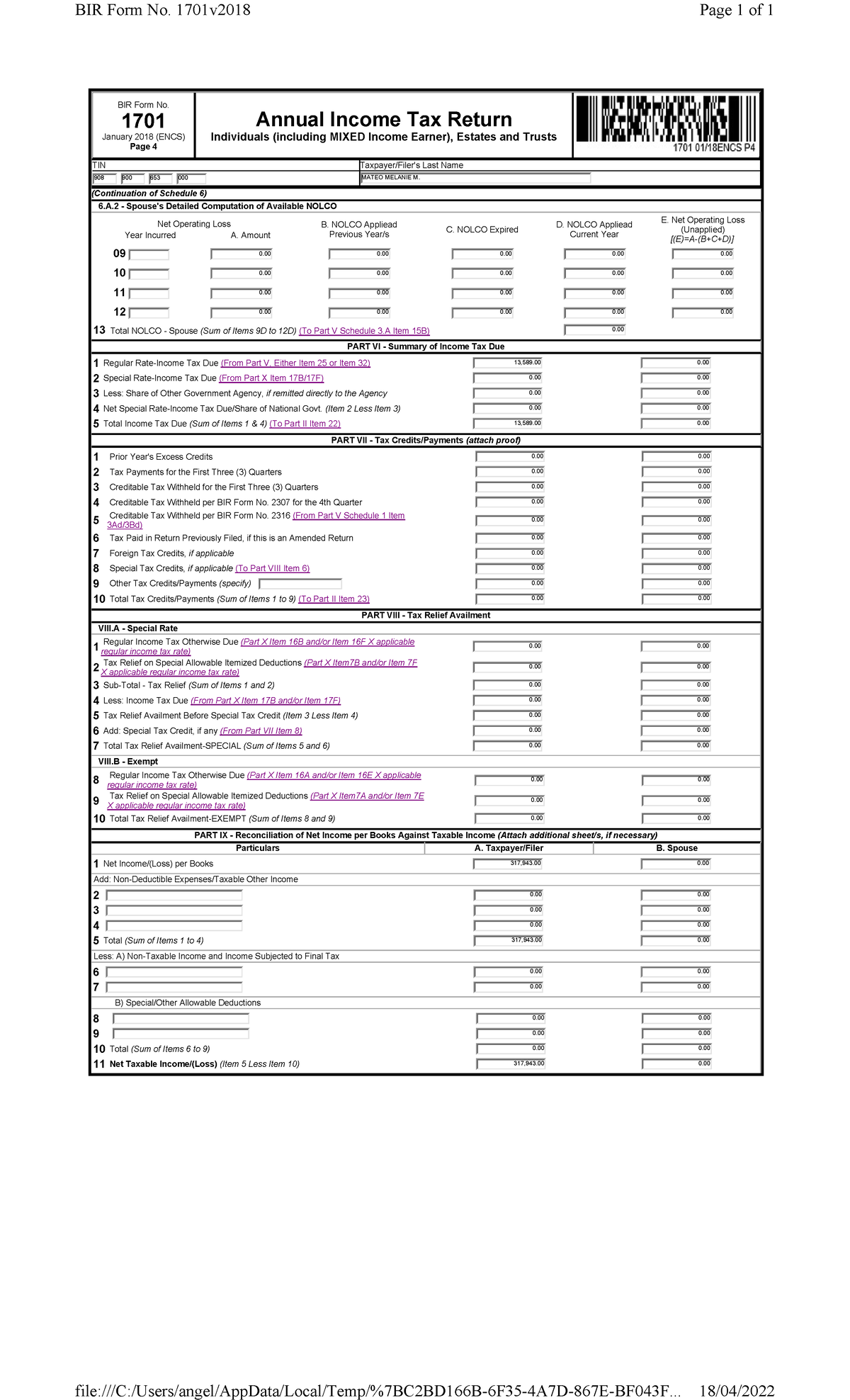 Mateo Page 4 Itr Practical Bir Form No 1701 January 2018 Encs Page 4 Annual Income Tax