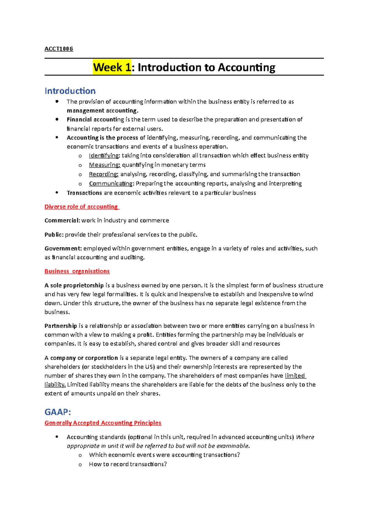 ACCT1006 And Tutorial - Notes - ####### ACCT Week 1: Introducion To ...