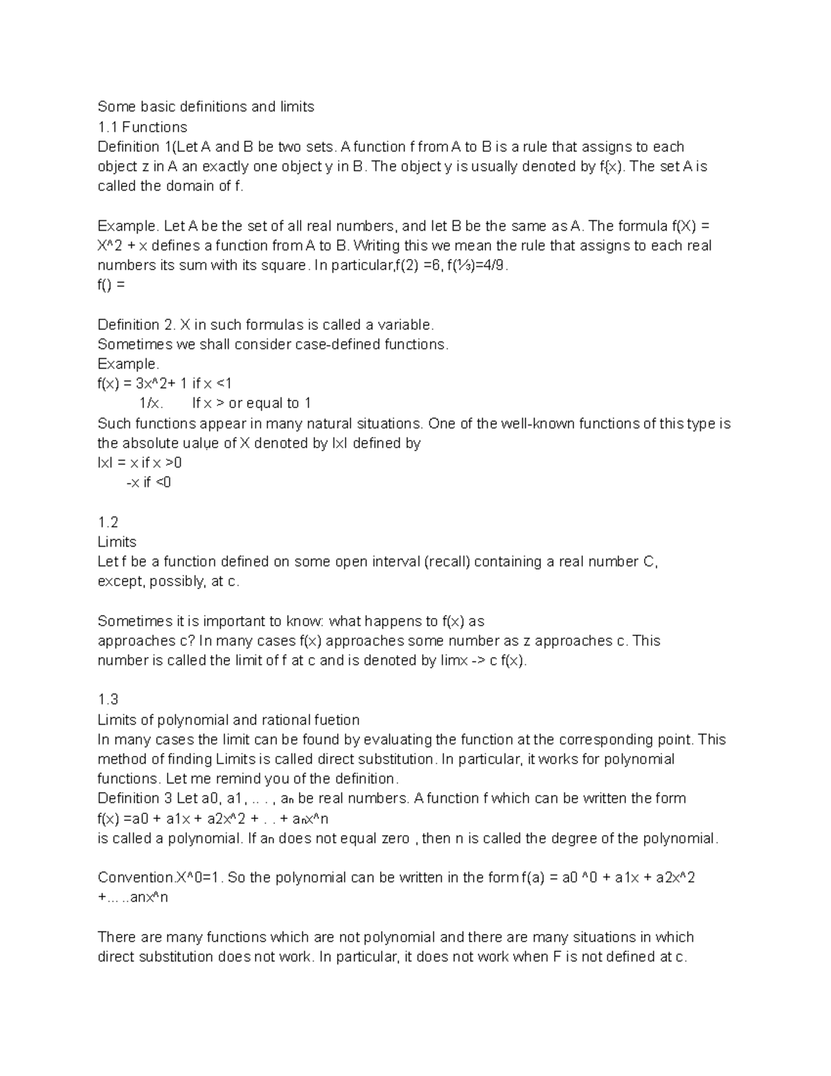 Calc notes 1 Some basic definitions and limits 1 Functions Definition