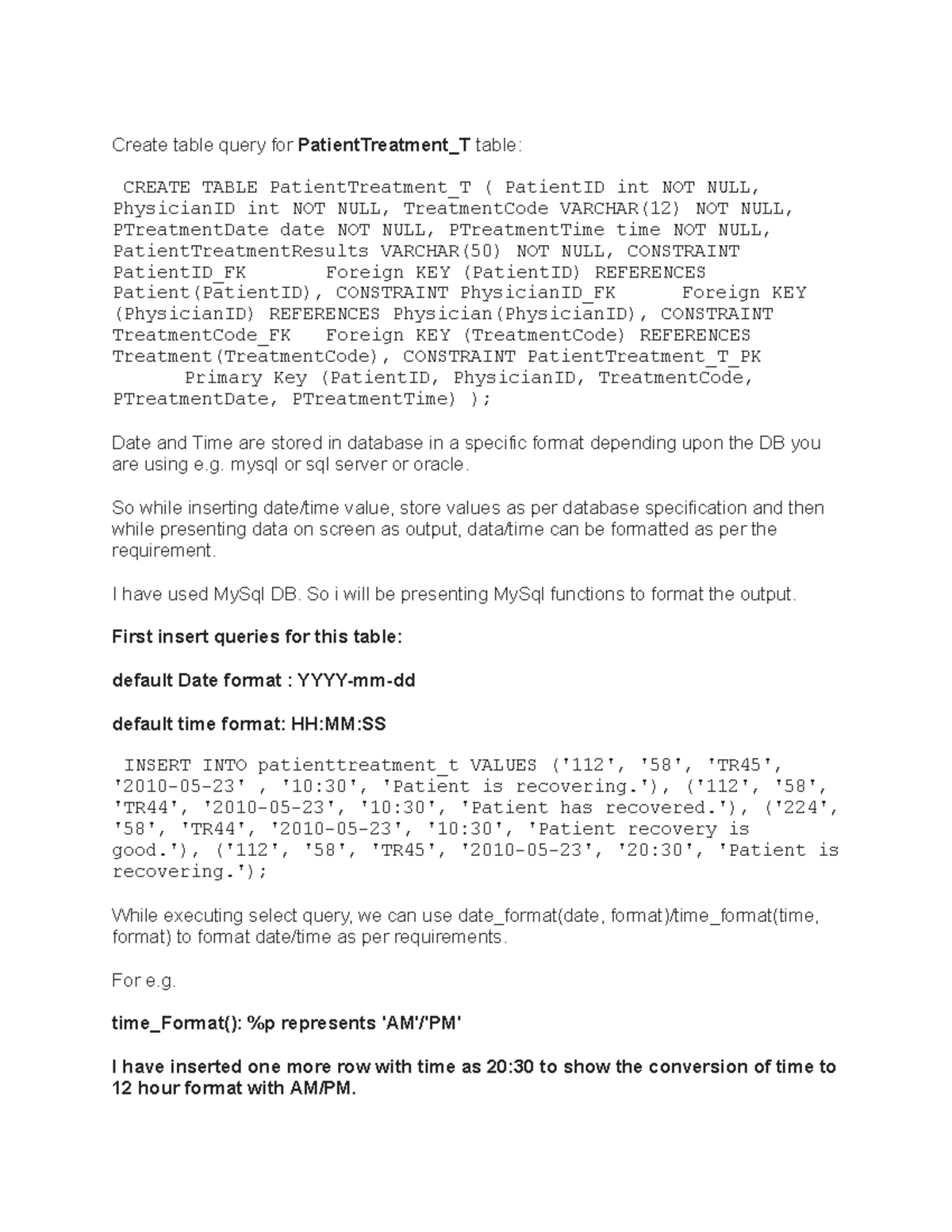 Assessment Challenge - Create table query for PatientTreatment_T table ...