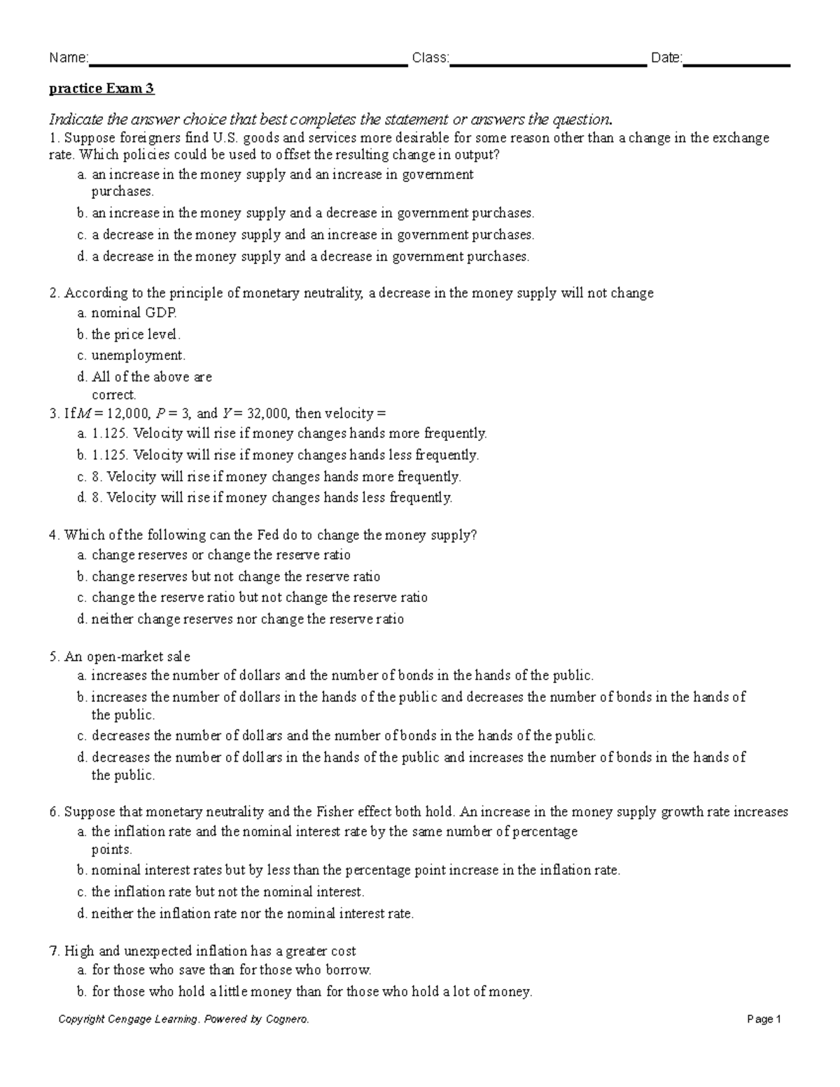 Practice Exam 3 - N/a - Practice Exam 3 Indicate The Answer Choice That ...