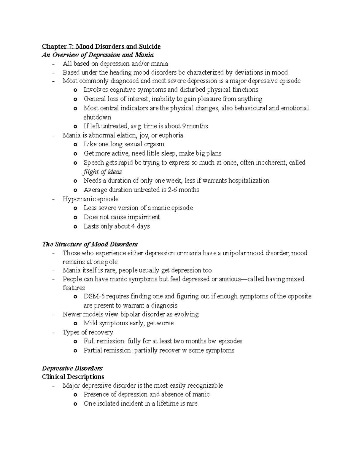 Textbook Notes Part 3 - Summary Abnormal Psychology - Chapter 7: Mood ...