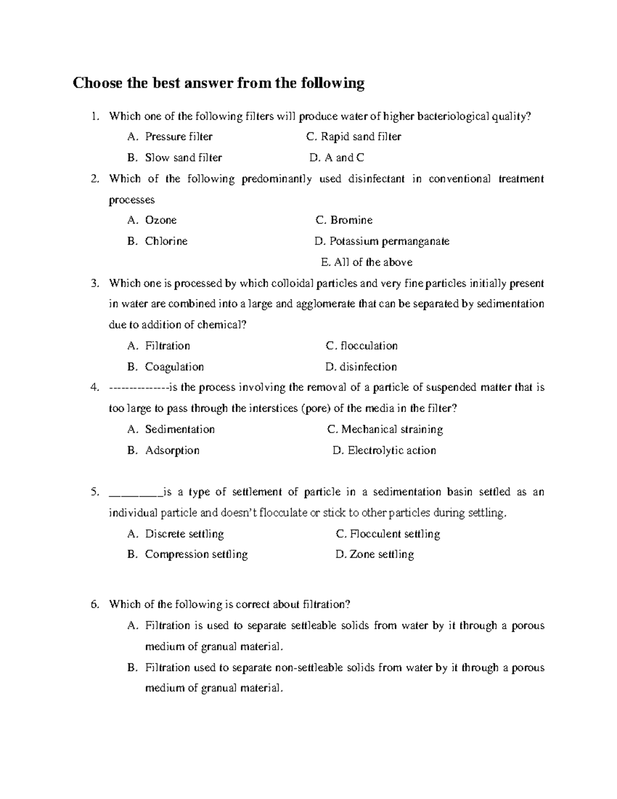 Water treatment course Questions Choose the best answer from the