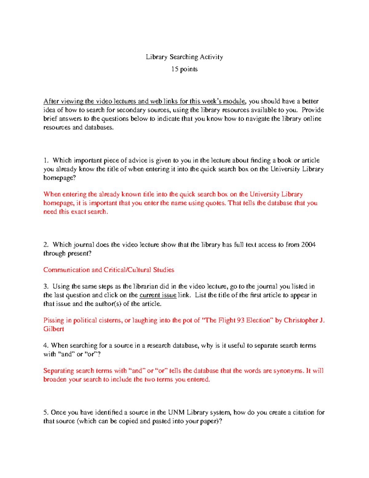 Library Searching Activity Complete - Library Searching Activity 15 ...