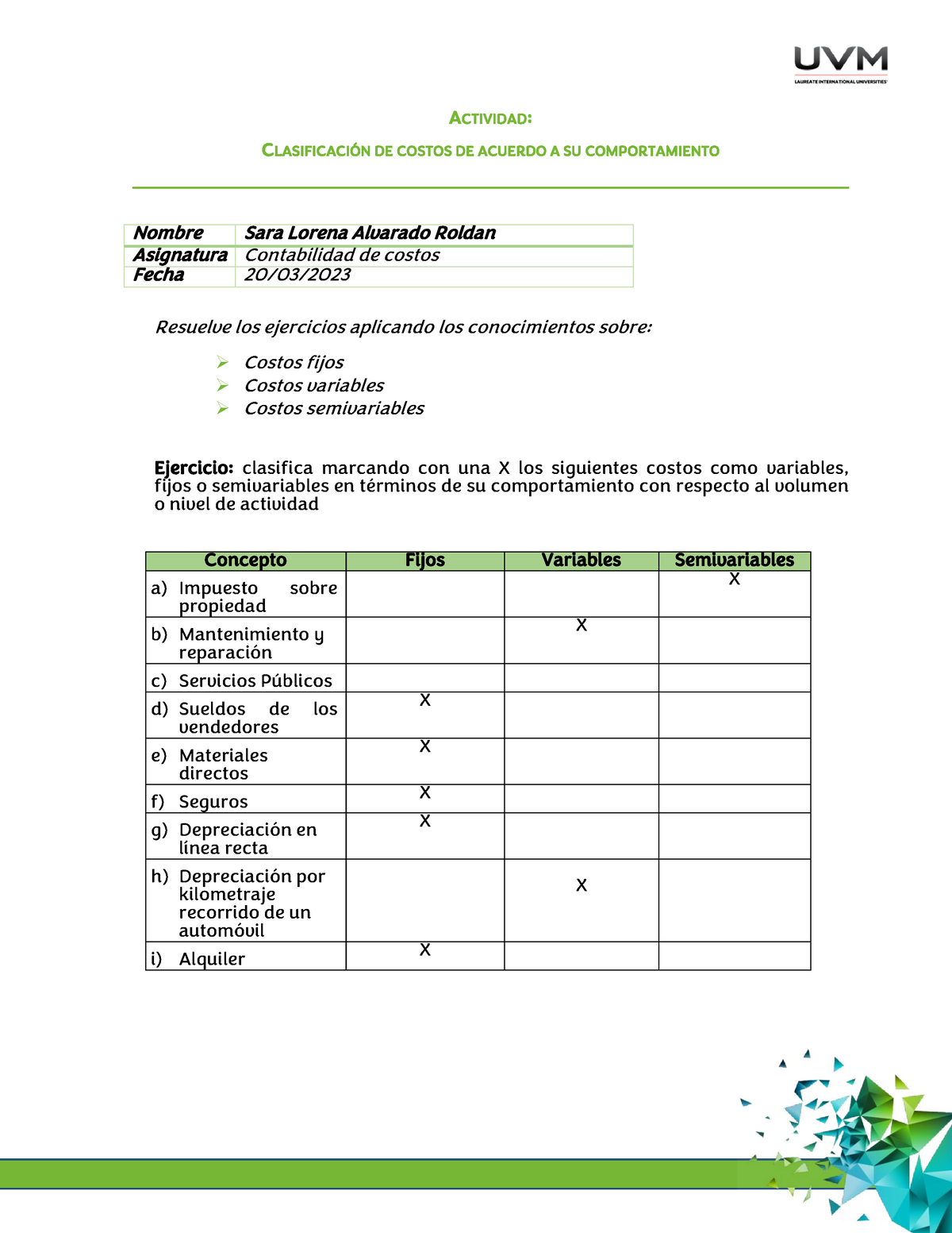 Matriz De Clasificación (b) - ACTIVIDAD: CLASIFICACIÓN DE COSTOS DE ...