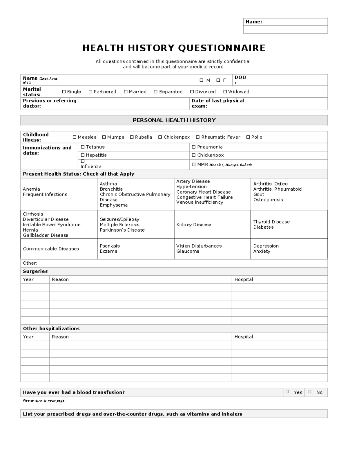 Health History Questionnaire NSG121 Name HEALTH HISTORY 