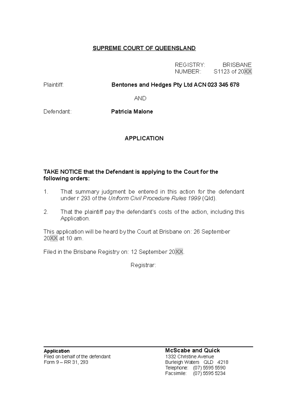 Week 8 Application For Summary Judgment - SUPREME COURT OF QUEENSLAND ...