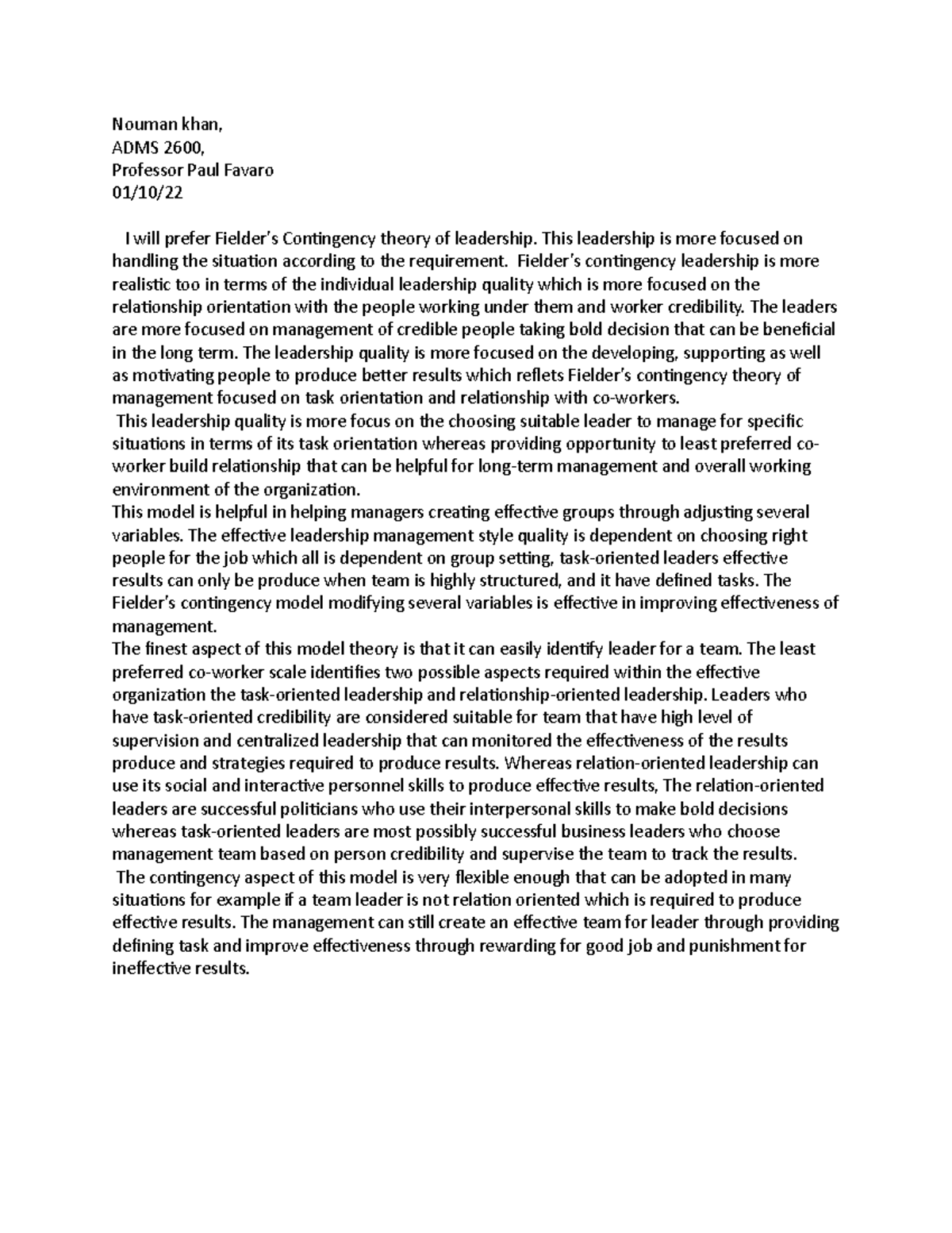 Adms 2600 assignment 2 - fielder's contingency method leadership I ...