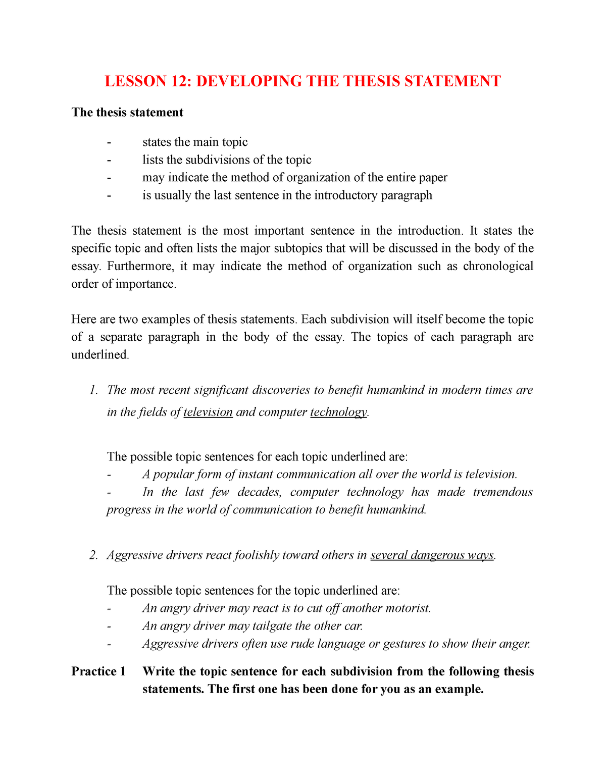 ENG167- Lesson 12- Topic Sentences- KEY - LESSON 12: DEVELOPING THE ...