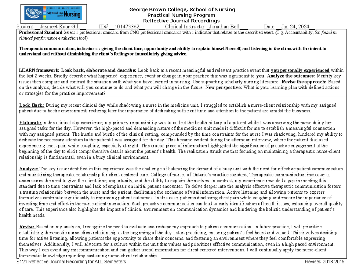 Reflection #2 - George Brown College, School of Nursing Practical ...