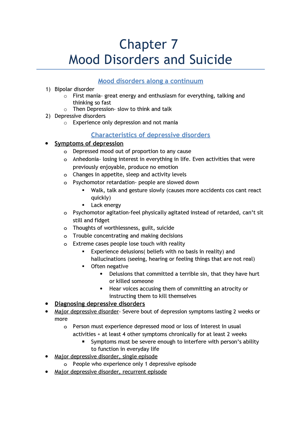 SLK 310 Chapter 7 Depressive Disorders, Bipolar Disorders And Suicide ...