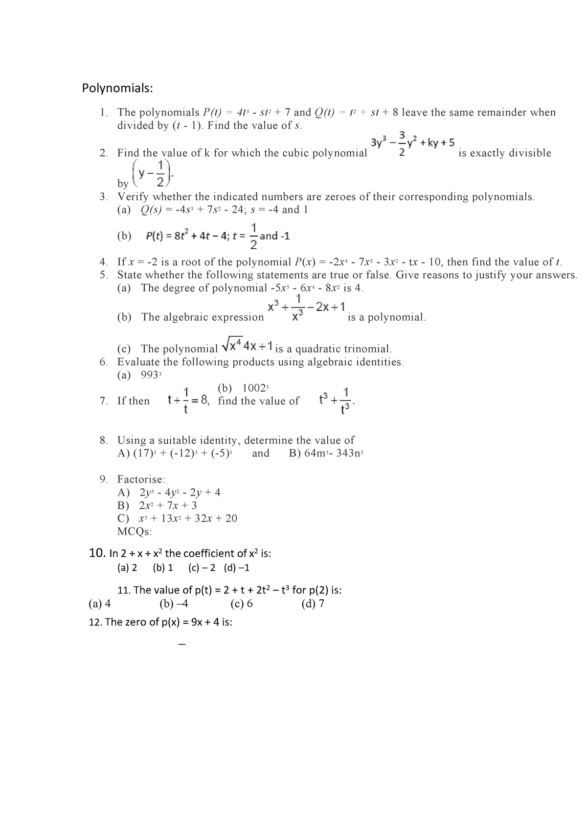 REVISION NOTES FOR BIOLOGY - Polynomials: The polynomials P(t) = 4t 3 ...