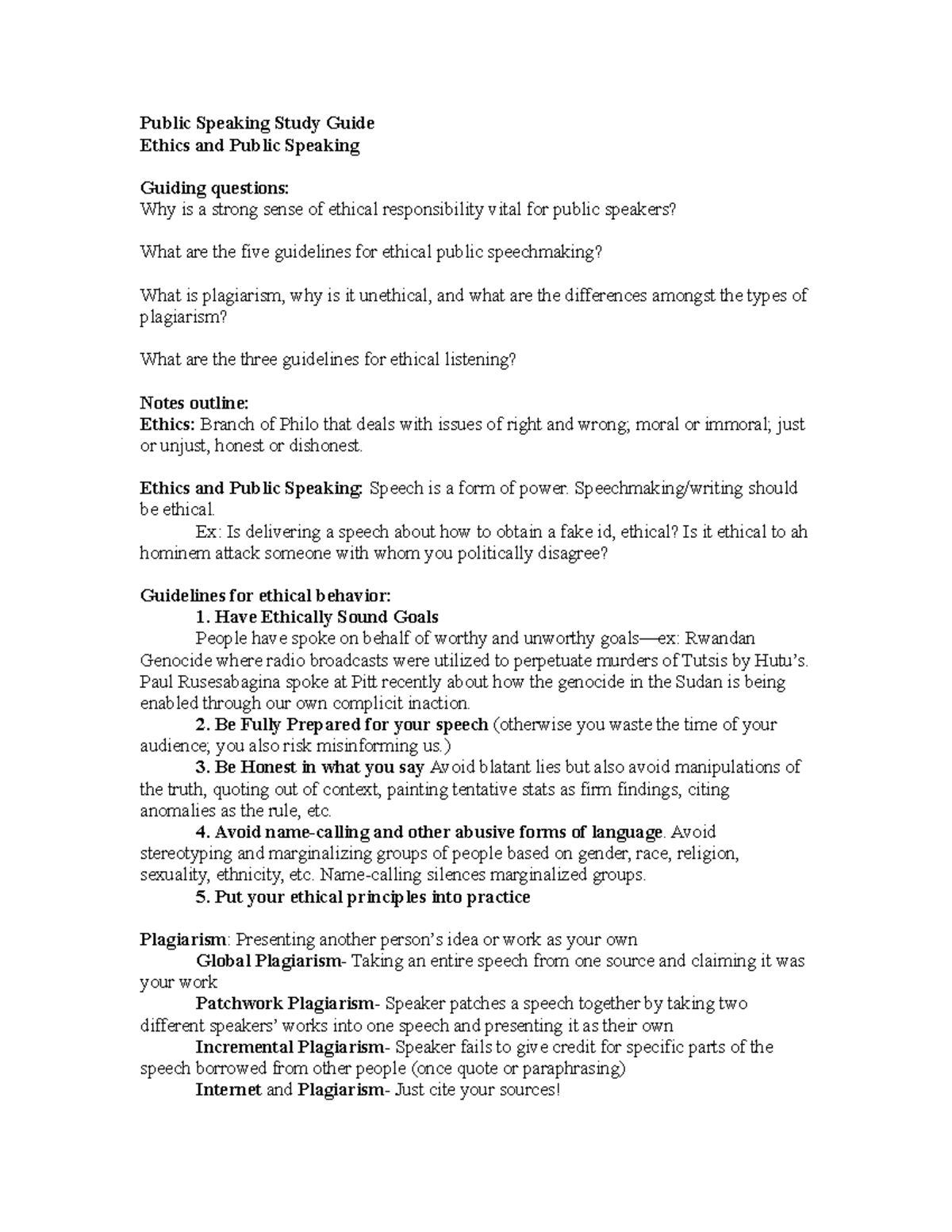 Public Speaking Speaking guide Public Speaking Study Guide Ethics and