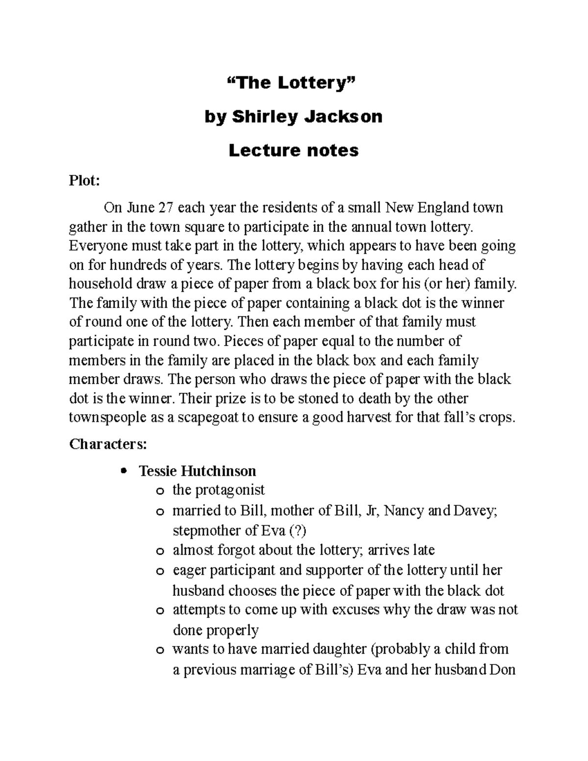 the lottery by shirley jackson summary