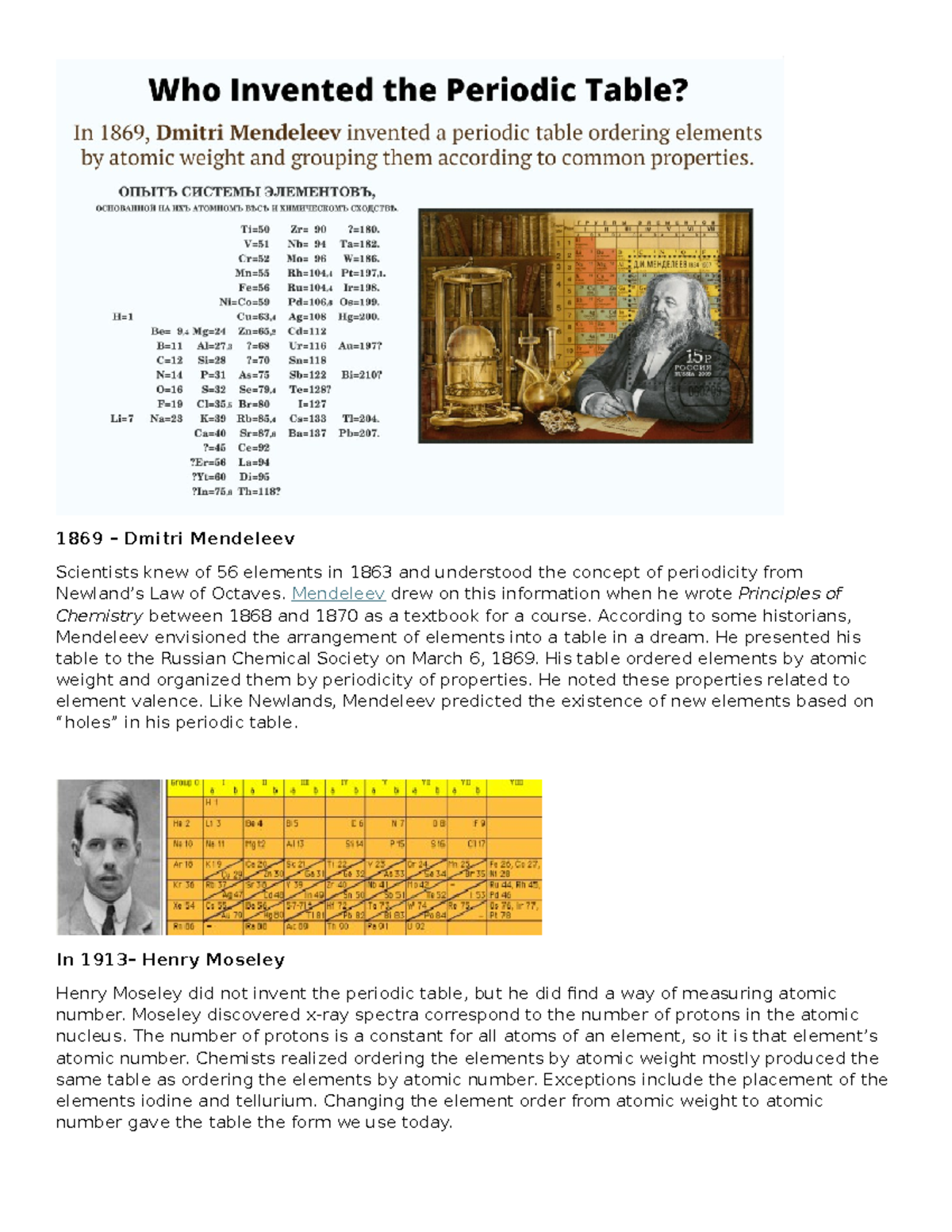 Development of the PT - 1869 – Dmitri Mendeleev Scientists knew of 56 ...