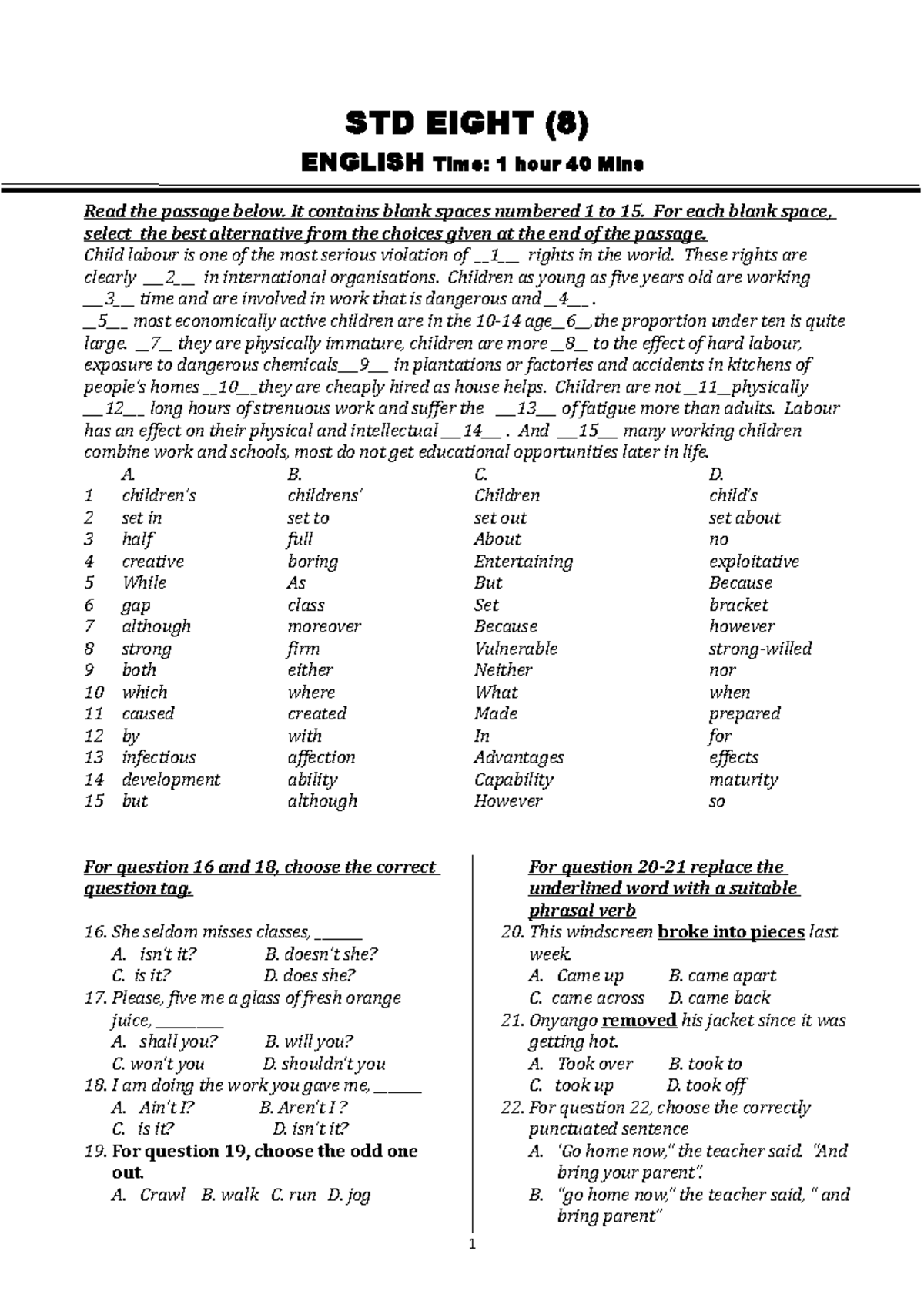 English-STD-8 - none - STD EIGHT (8) ENGLISH Time: 1 hour 40 Mins Read ...