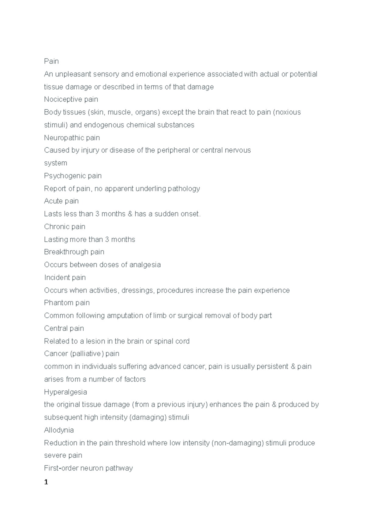HV1-Quiz - Brief notes - Pain An unpleasant sensory and emotional ...