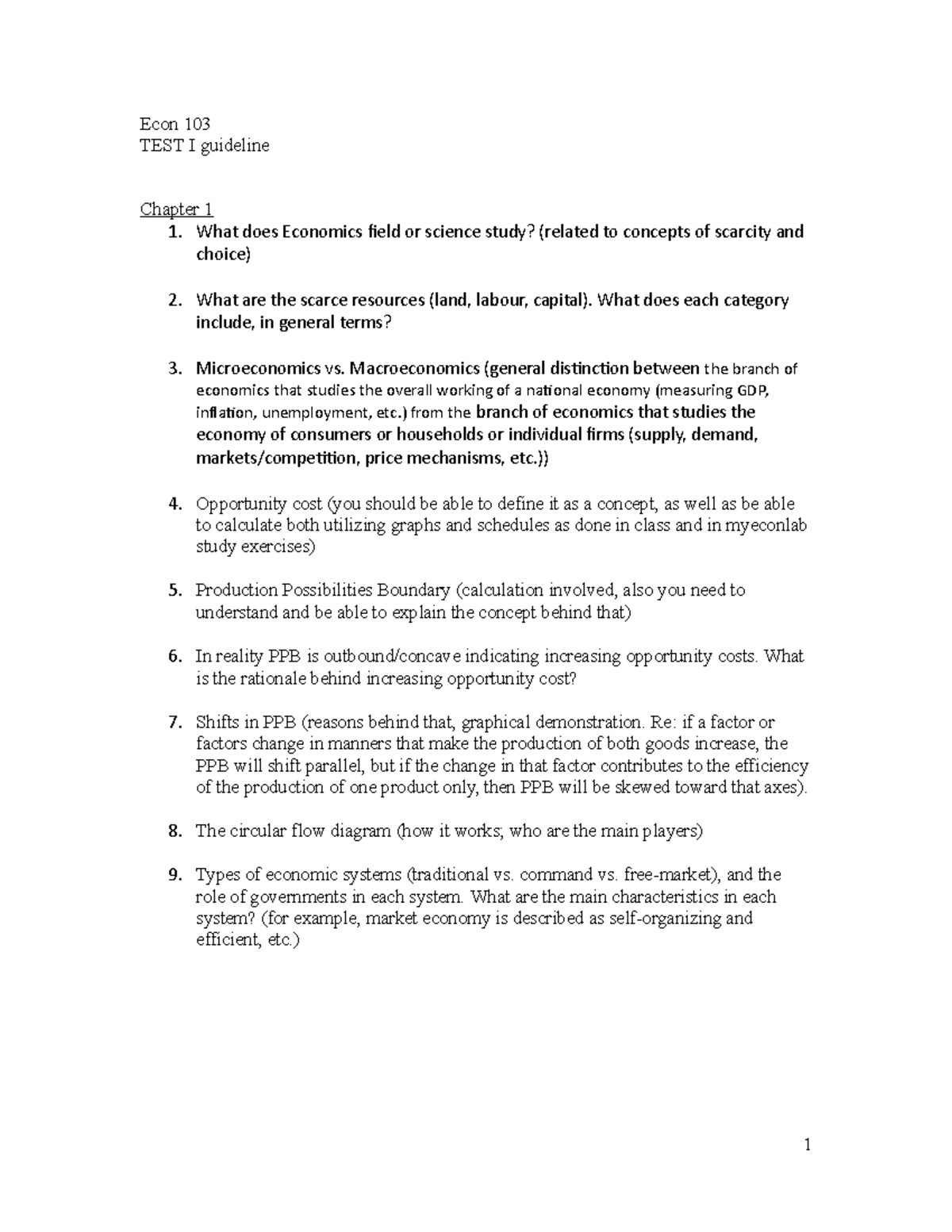 Econ 103 TEST I Review Guidelines and Midterm - Econ 103 TEST I ...