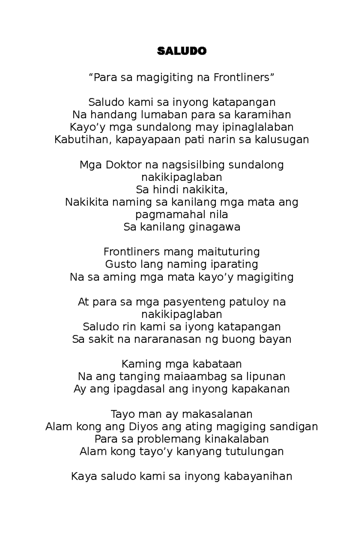 Saludo - SELF - SALUDO “Para sa magigiting na Frontliners” Saludo kami ...