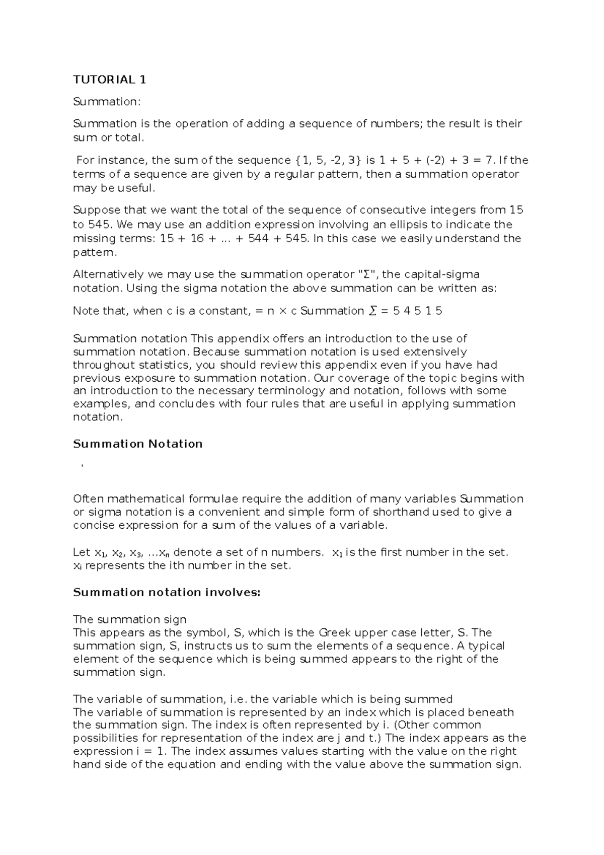 Summation - TUTORIAL is the operation of adding a sequence of the ...
