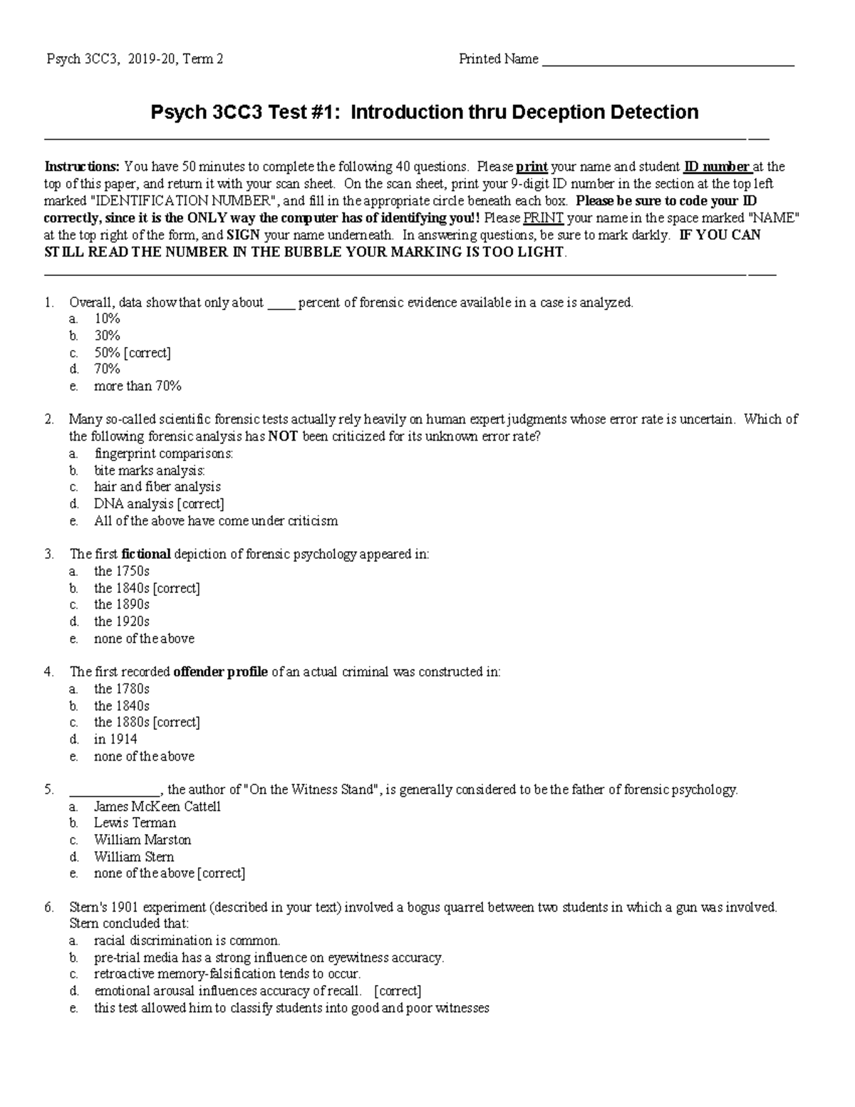 Test 1 March 2019 - Psych 3CC3, 2019-20, Term 2 Printed Name