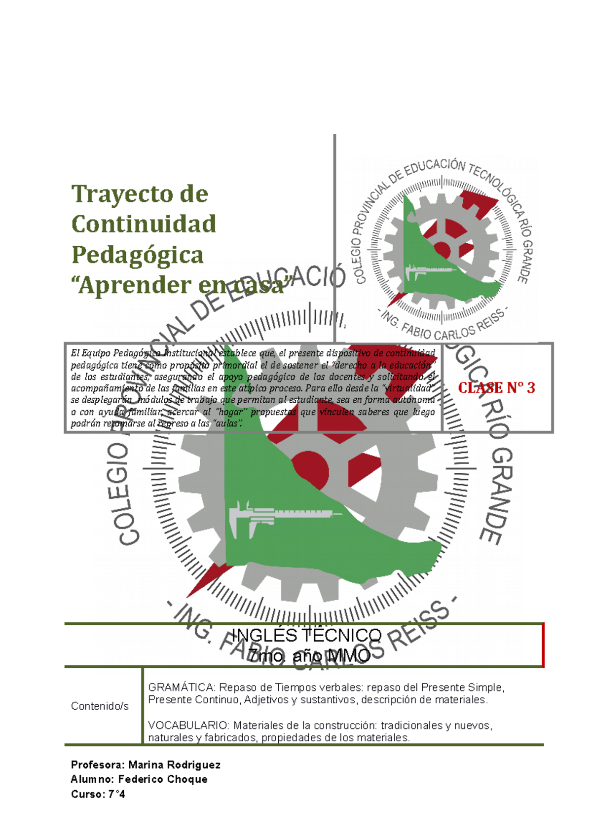 Ingles Clase N°3 Choque Federico Trayecto de Continuidad Pedagógica