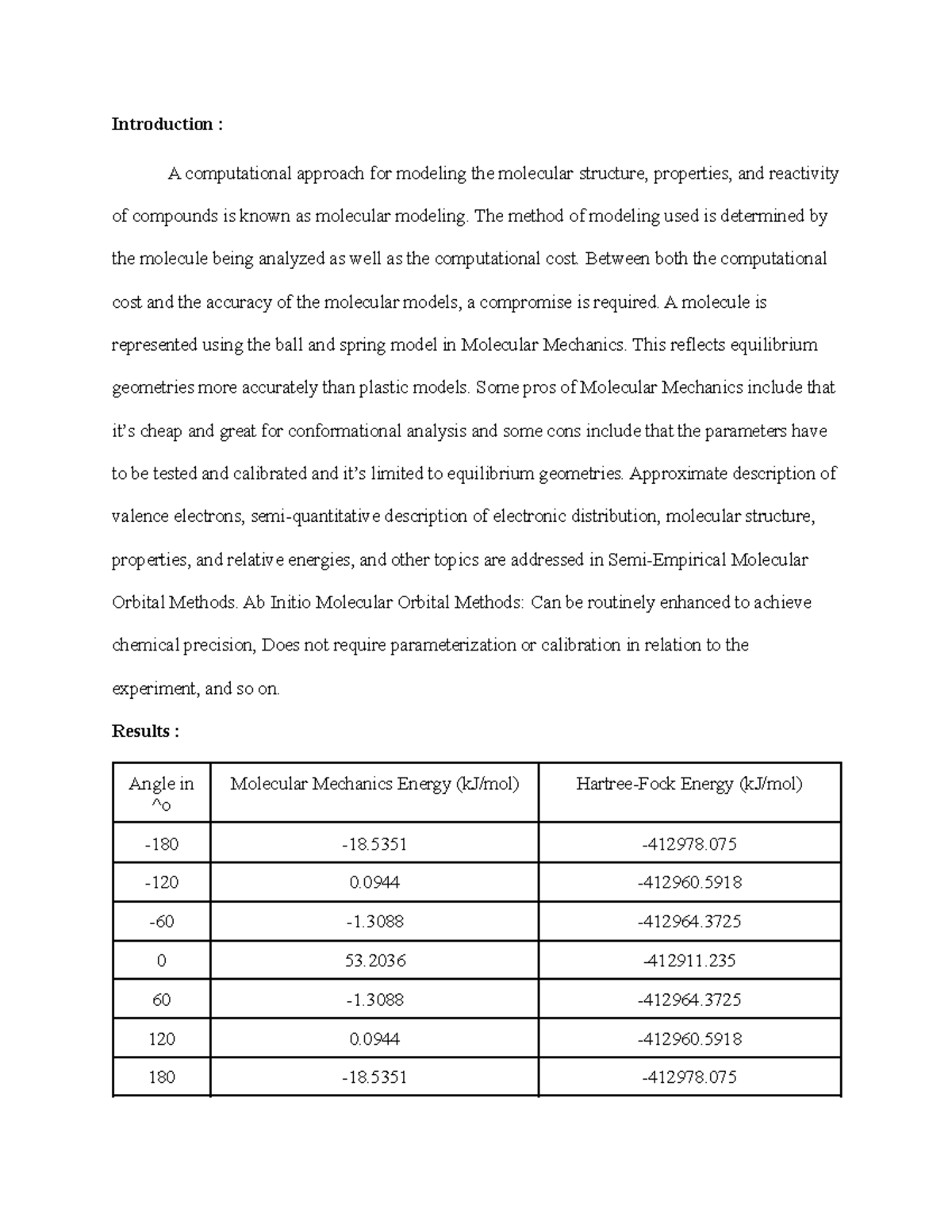 Chem 2423 Molecular Modeling Introduction A computational approach