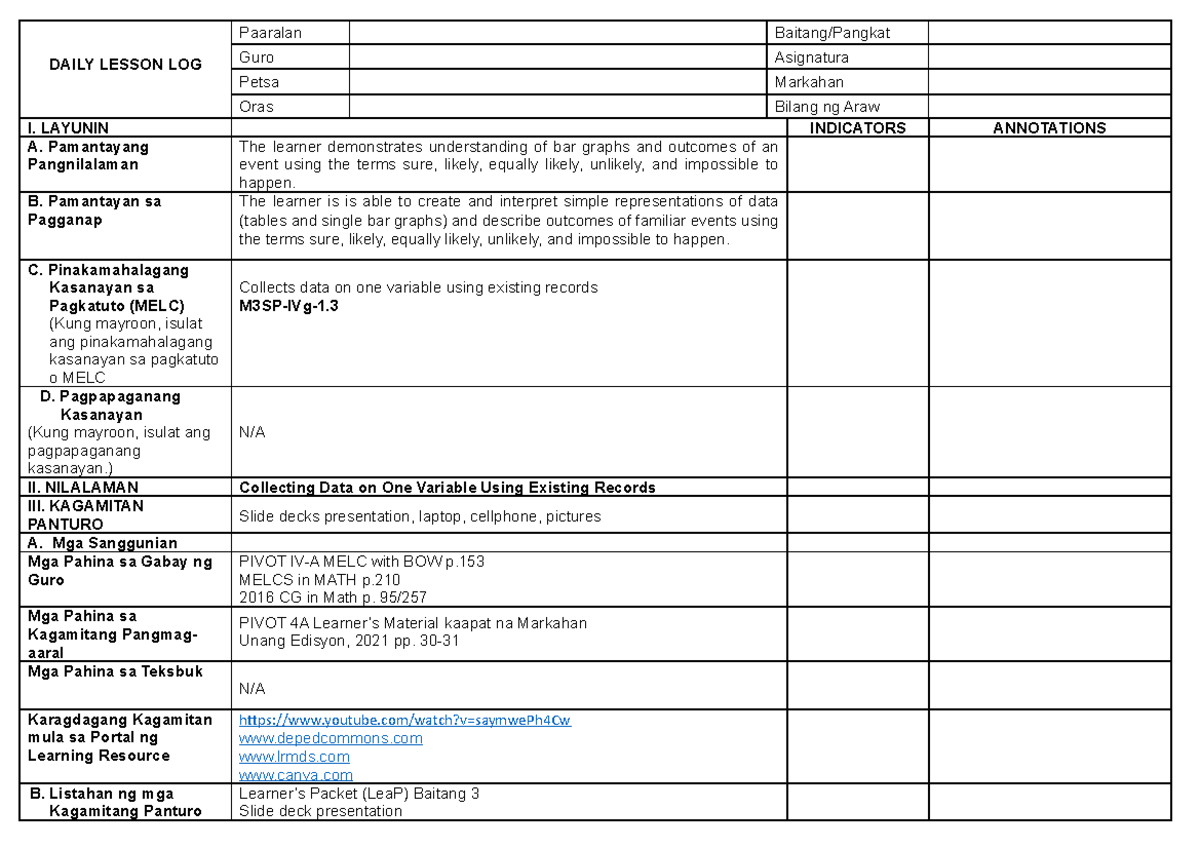 COT1- Mathematics - DAILY LESSON LOG Paaralan Baitang/Pangkat Guro ...