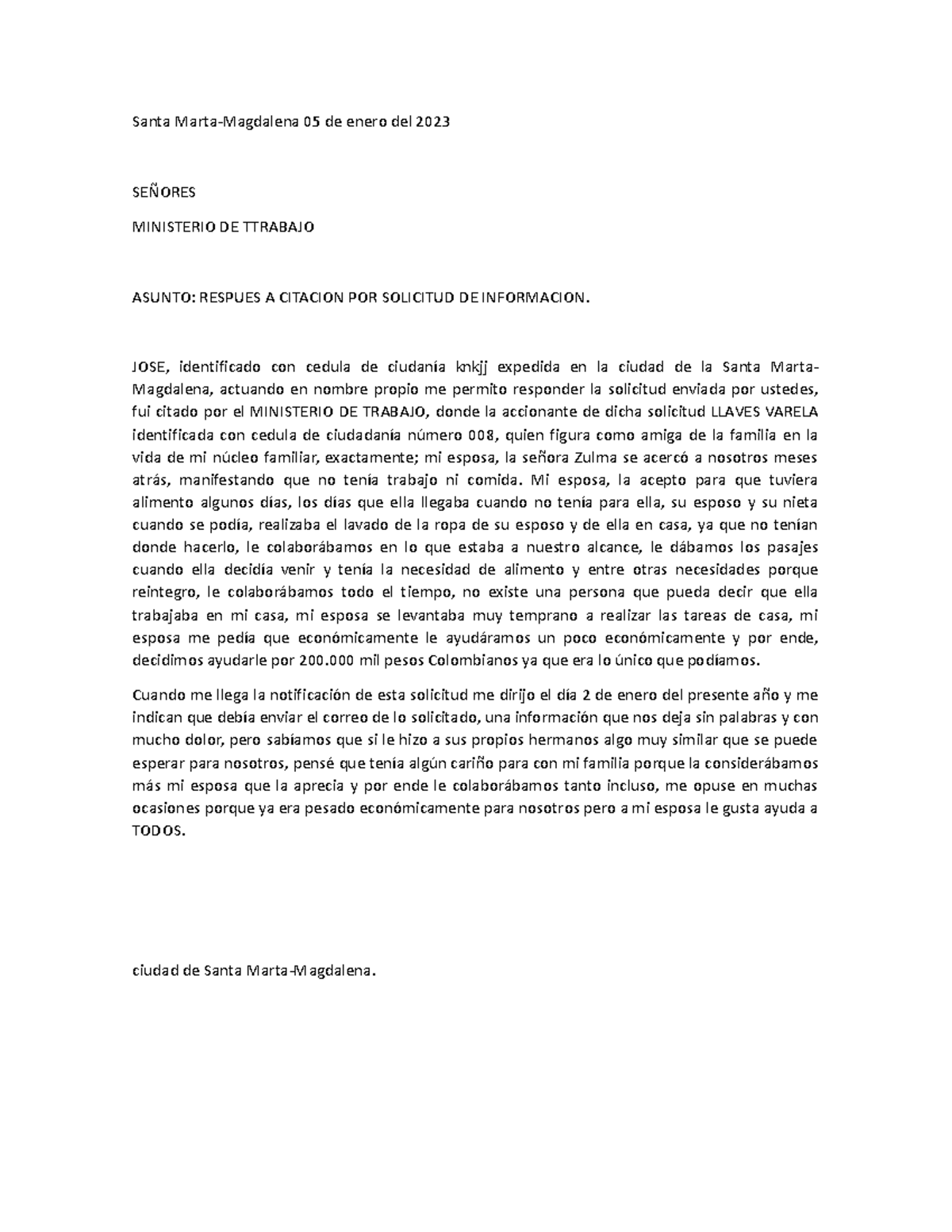 Señor Jose Respuesta De Laboral Santa Marta Magdalena 05 De Enero Del 2023 SeÑores 4316