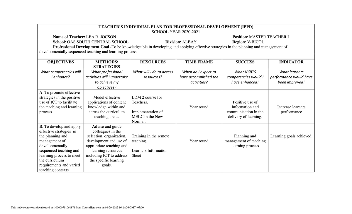 IPPD Coaching PLAN - LANGUAGE AND LITERATURE - TEACHER’S INDIVIDUAL ...