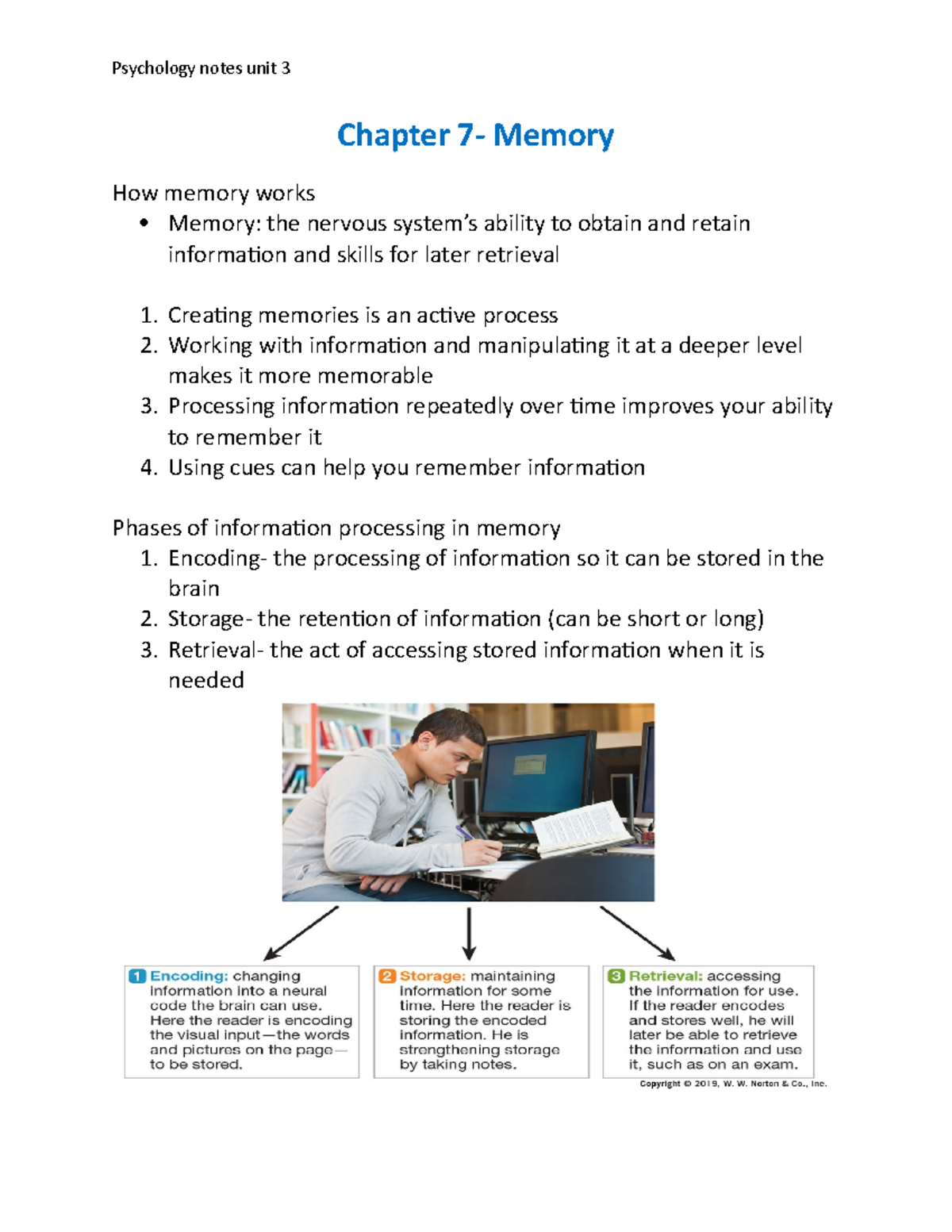 Psychology notes- unit 3 - Chapter 7- Memory How memory works Memory ...