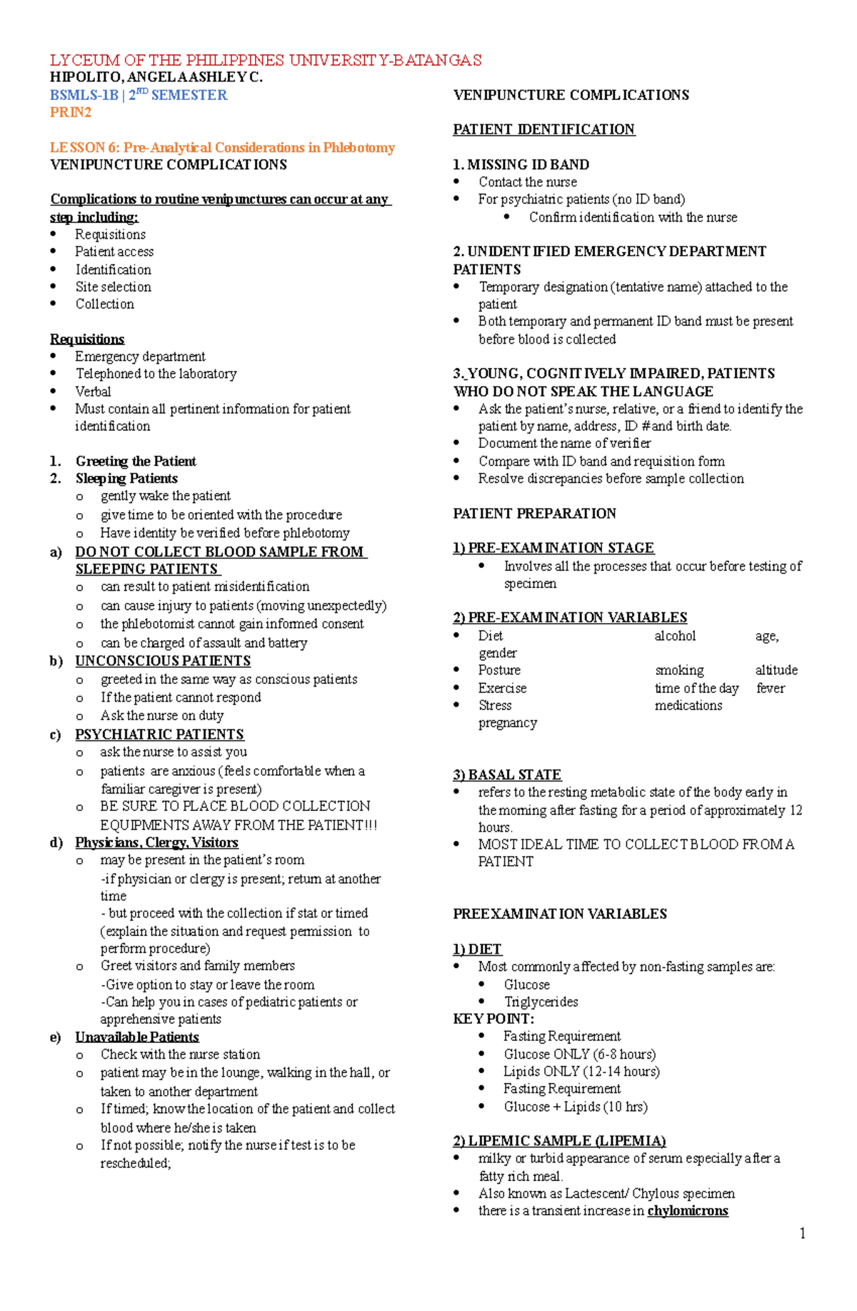 Lesson 6 - PRE- Analytical Considerations IN Phlebotomy - HIPOLITO ...