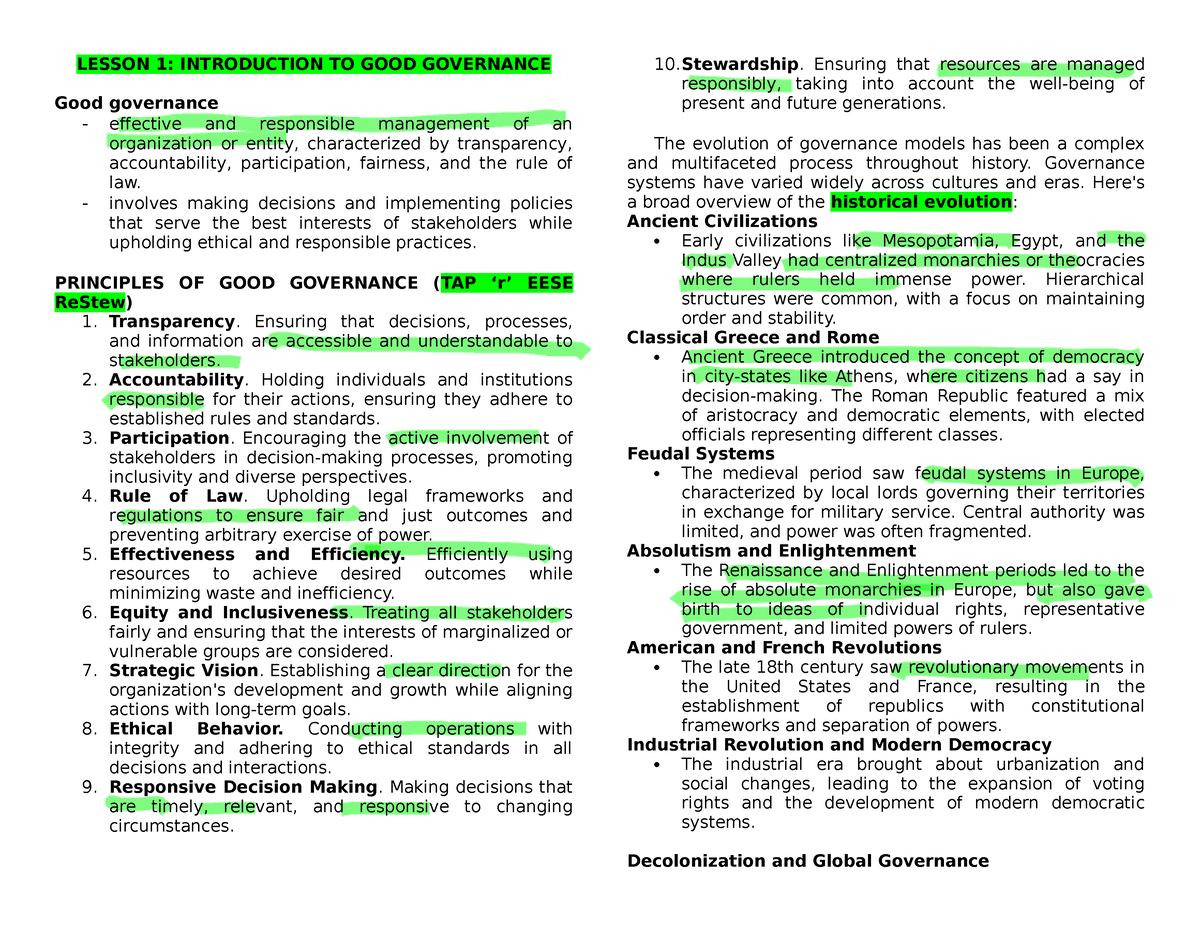 Good Governance - LESSON 1: INTRODUCTION TO GOOD GOVERNANCE Good ...