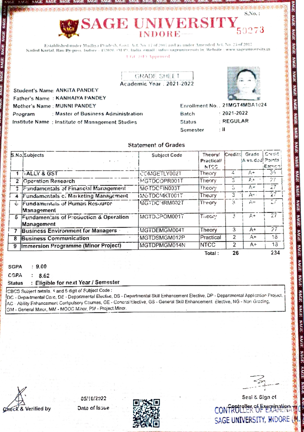 Pg marksheet - Want to enhance knowledge in management - SAGE SGE SAGE ...