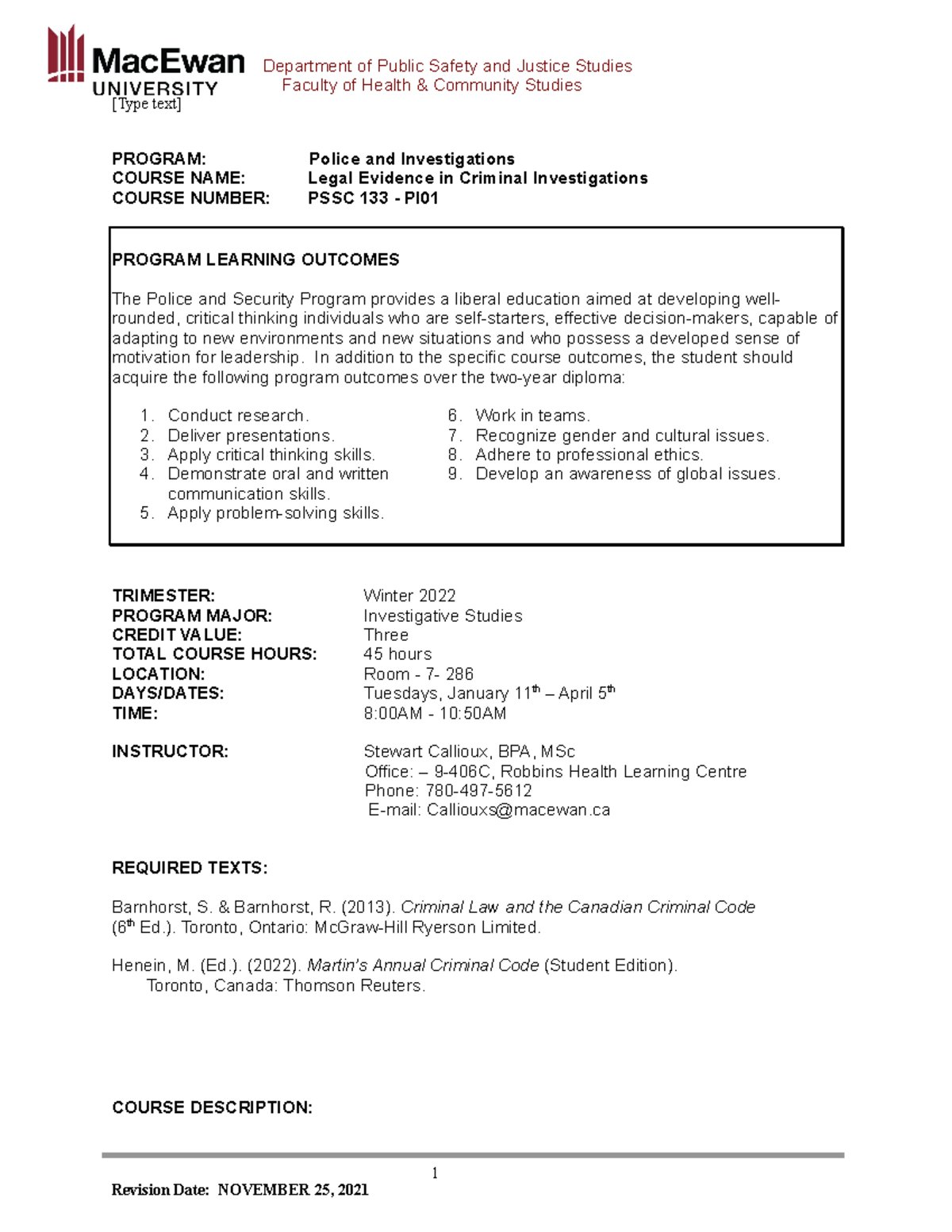 2022 Course Outline - PSSC 133 - PI01 - Faculty of Health & Community ...