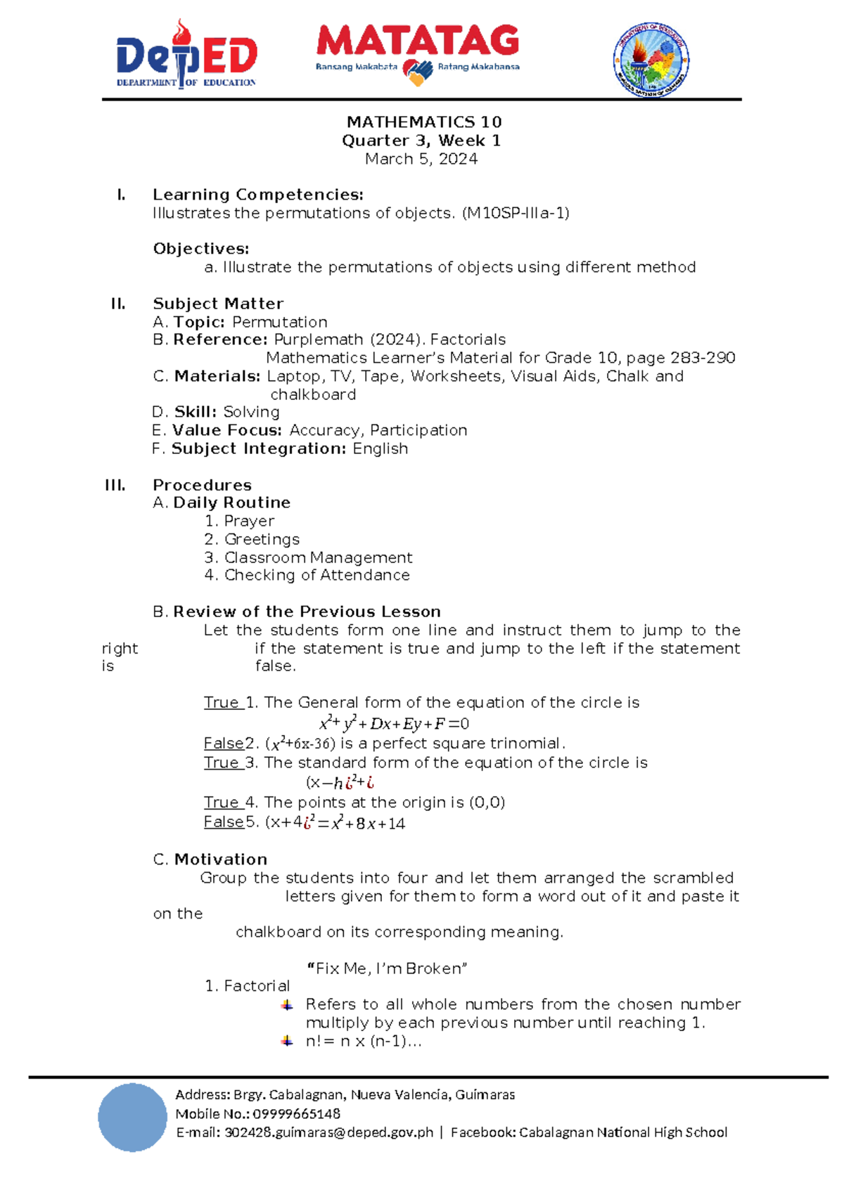 Lesson Plan For Permutation Mathematics 10 Quarter 3 Week 1 March 5 Lesson Plan For Permutation Mathematics 10 Quarter 3 Week 1 March 5