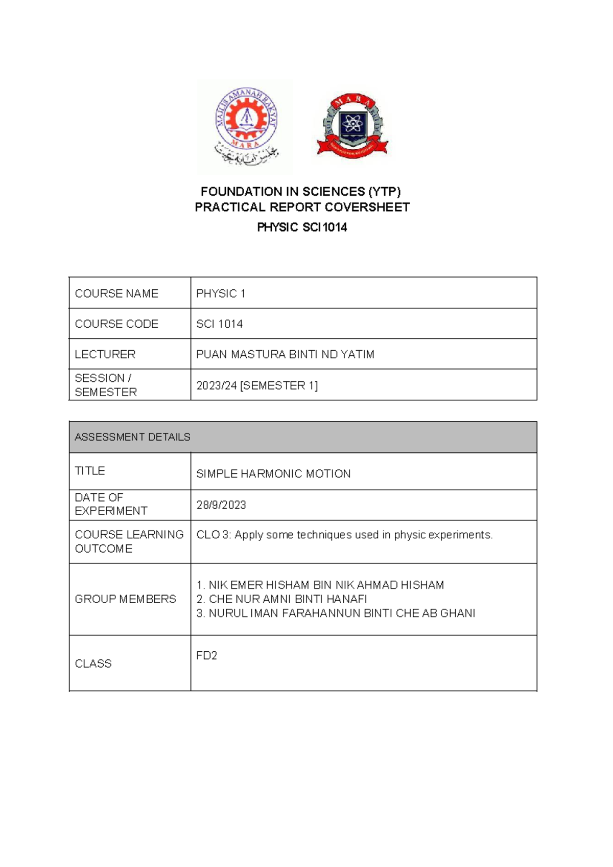 Experiment 3 physic lab report FOUNDATION IN SCIENCES (YTP
