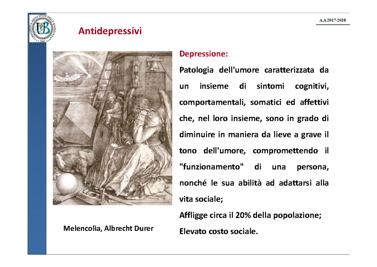 20) Lezione Antidepressivi Antidepressivi Depressione Patologia dell'umore caratterizzata da