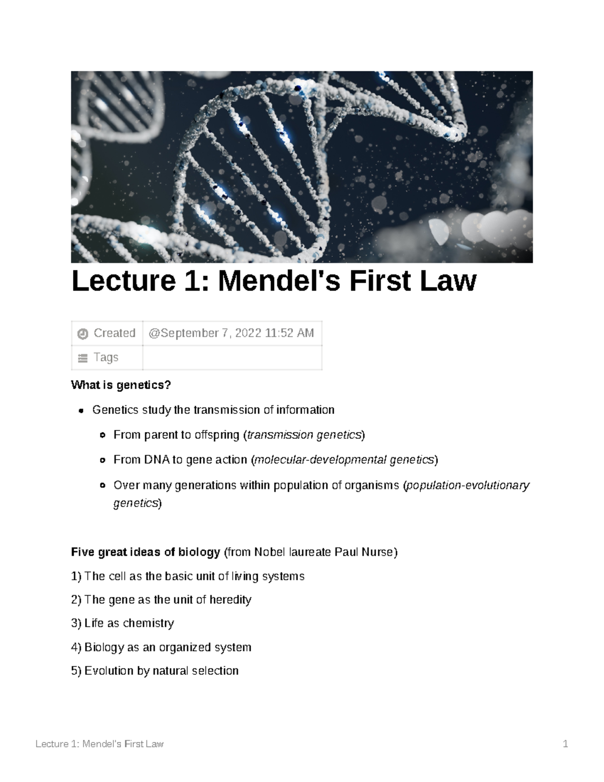 BIOL 261 - Lecture 1 - Lecture 1: Mendel's First Law Created Tags What ...