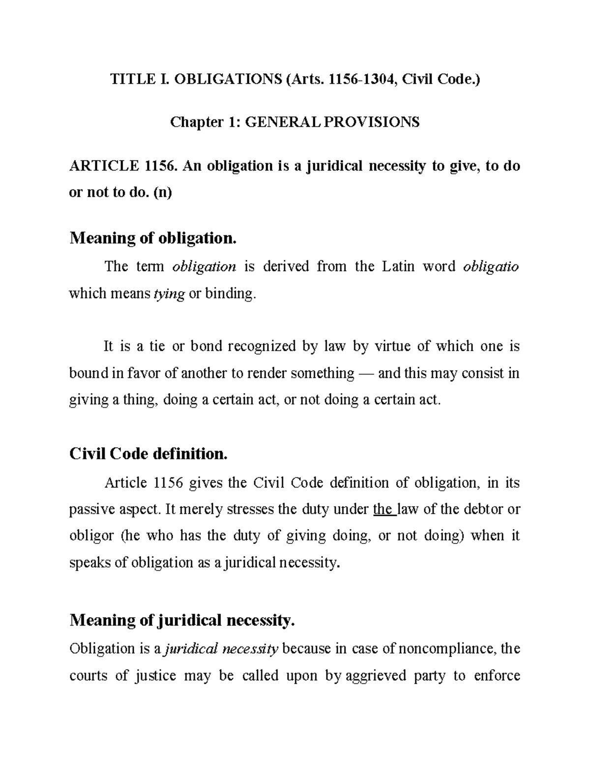 OBLICON Obligations On Law And Contracts Readings And Notes 1 