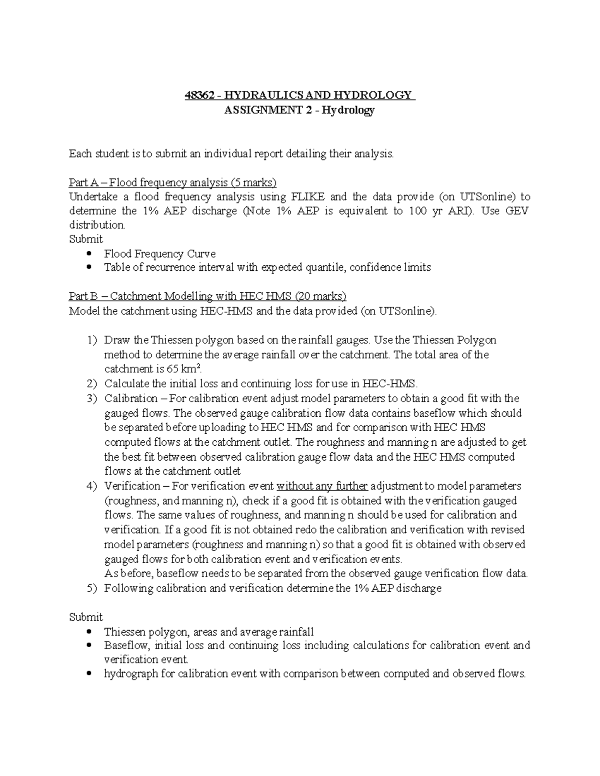 Assignment Hydrology2 48362 HYDRAULICS AND HYDROLOGY ASSIGNMENT 2